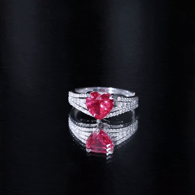 Heart Shape Created Ruby Engagement Ring with Diamond