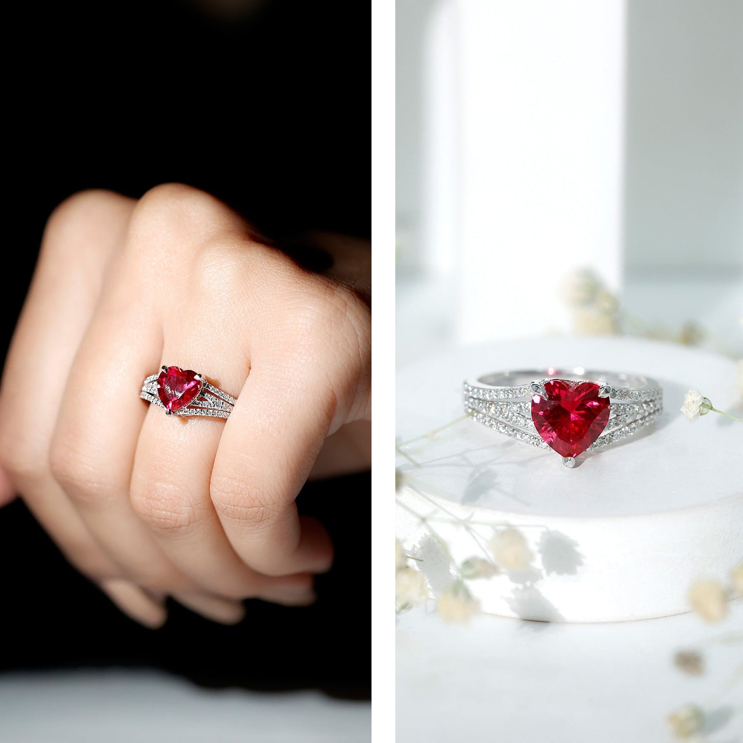 Heart Shape Created Ruby Engagement Ring with Diamond