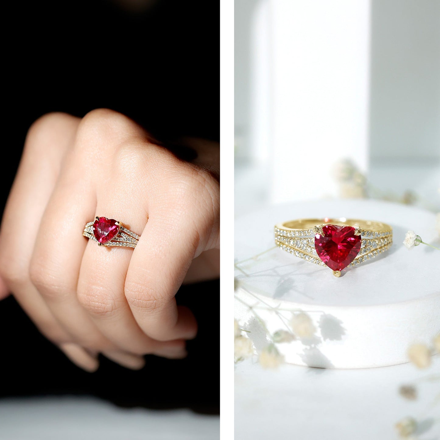 Heart Shape Created Ruby Engagement Ring with Diamond
