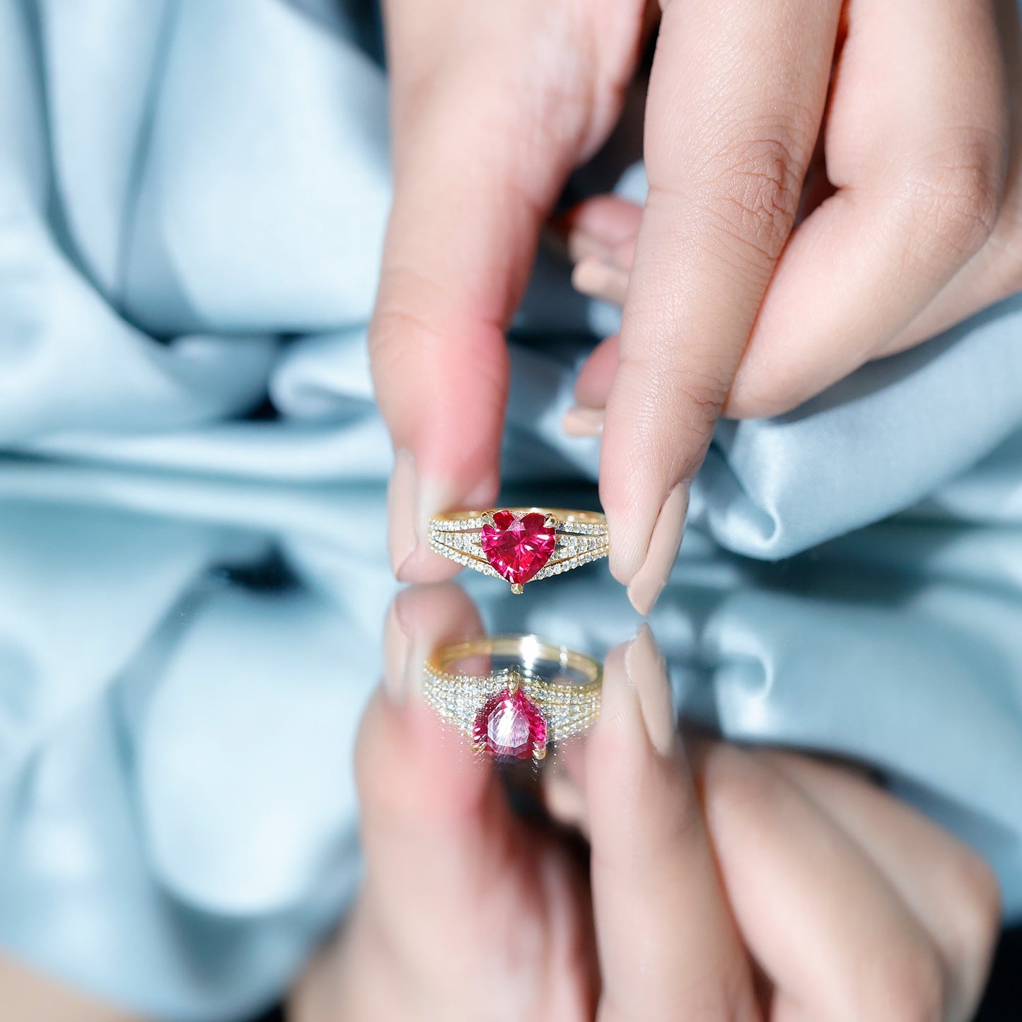 Heart Shape Created Ruby Engagement Ring with Diamond