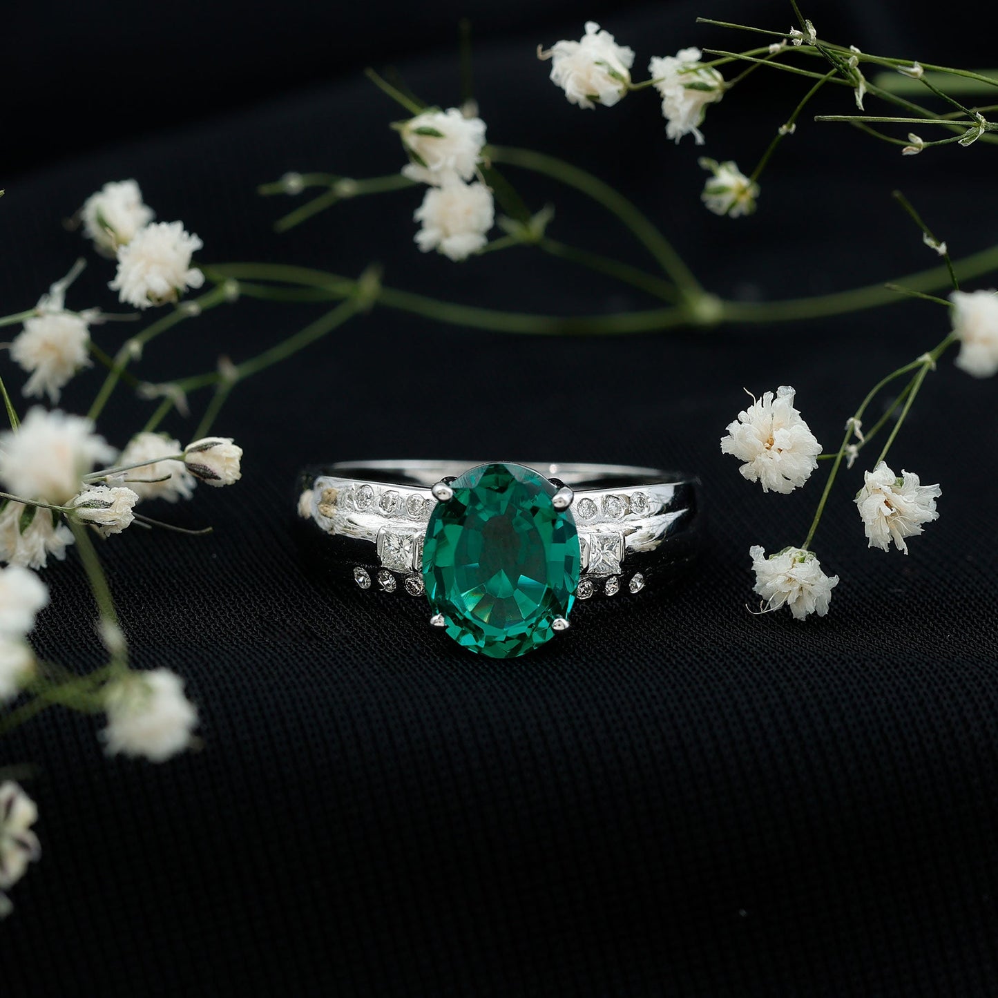 3 Carat Lab Grown Emerald Oval Engagement Ring with Diamond