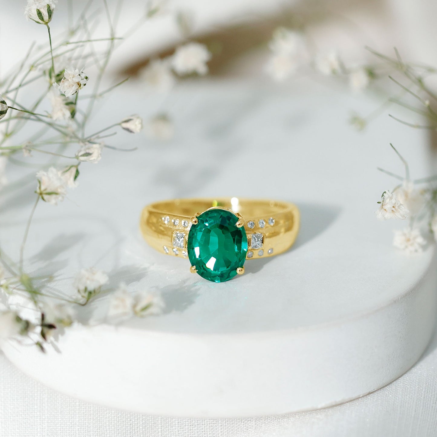 3 Carat Lab Grown Emerald Oval Engagement Ring with Diamond