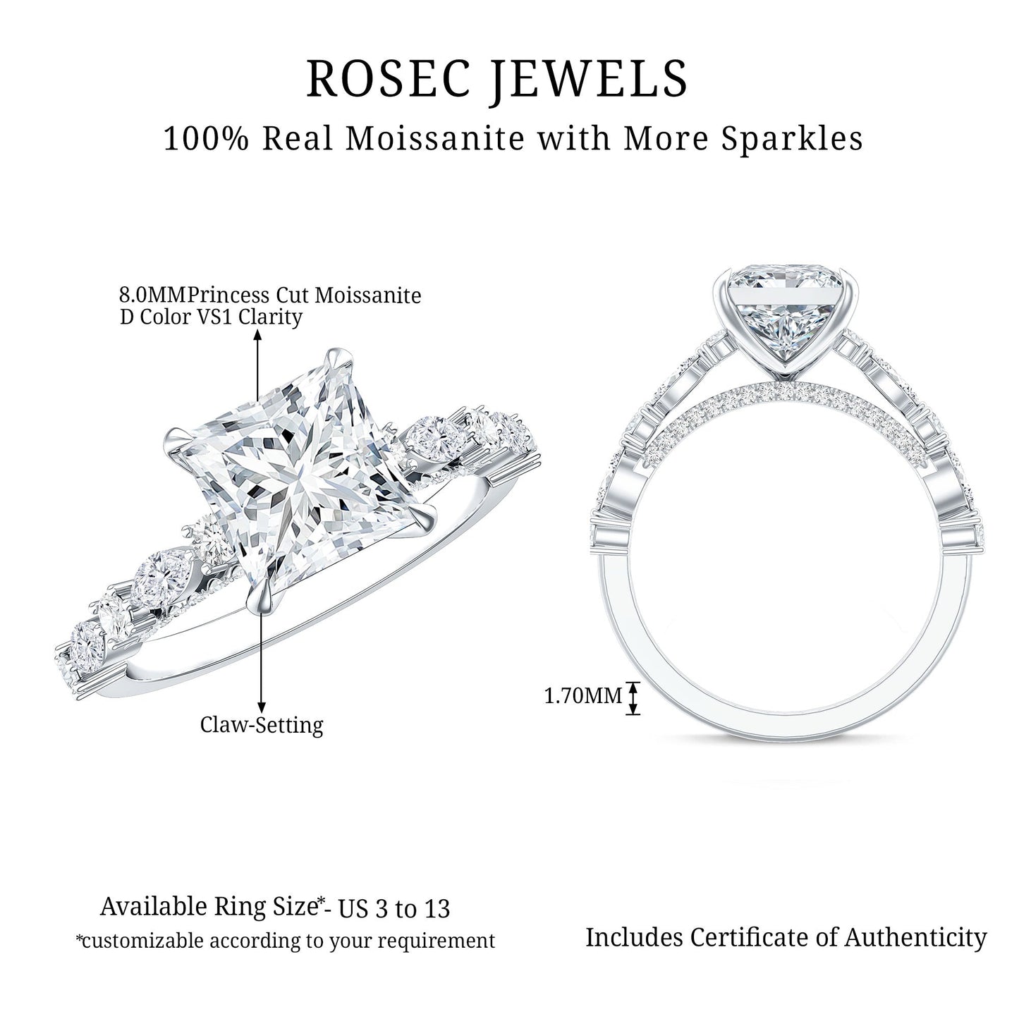 Certified Princess Cut Moissanite Engagement Ring with Side Stones