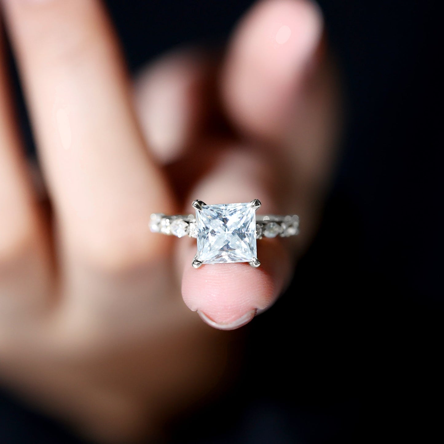Certified Princess Cut Moissanite Engagement Ring with Side Stones