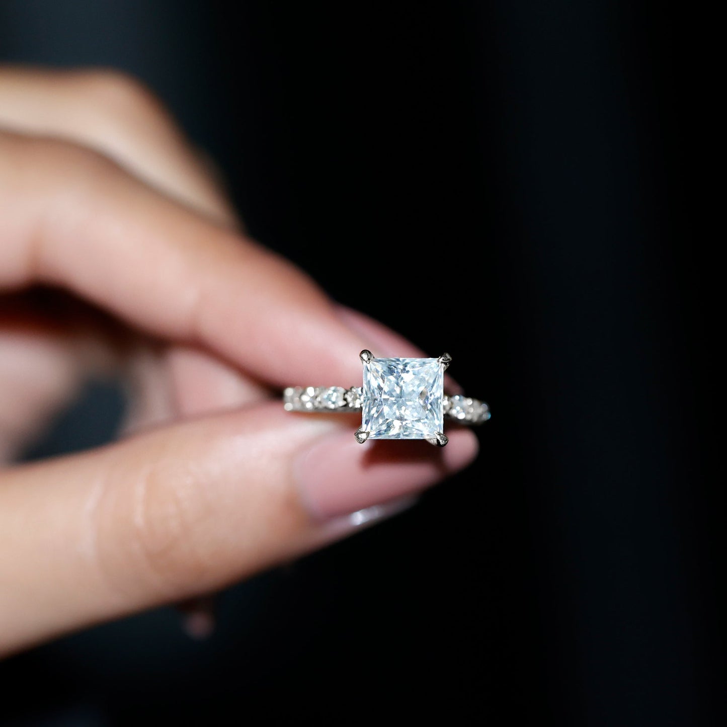 Certified Princess Cut Moissanite Engagement Ring with Side Stones