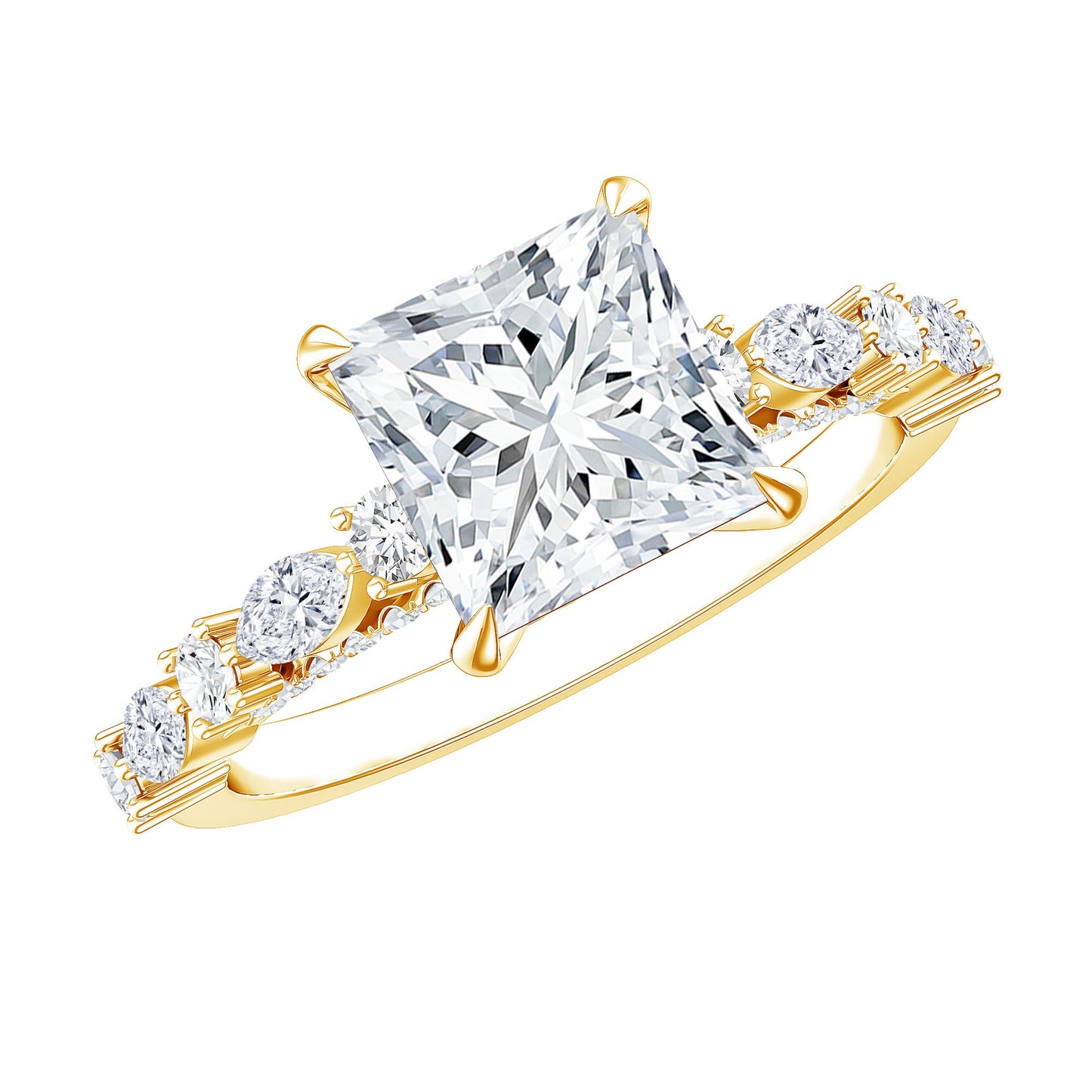 Certified Princess Cut Moissanite Engagement Ring with Side Stones