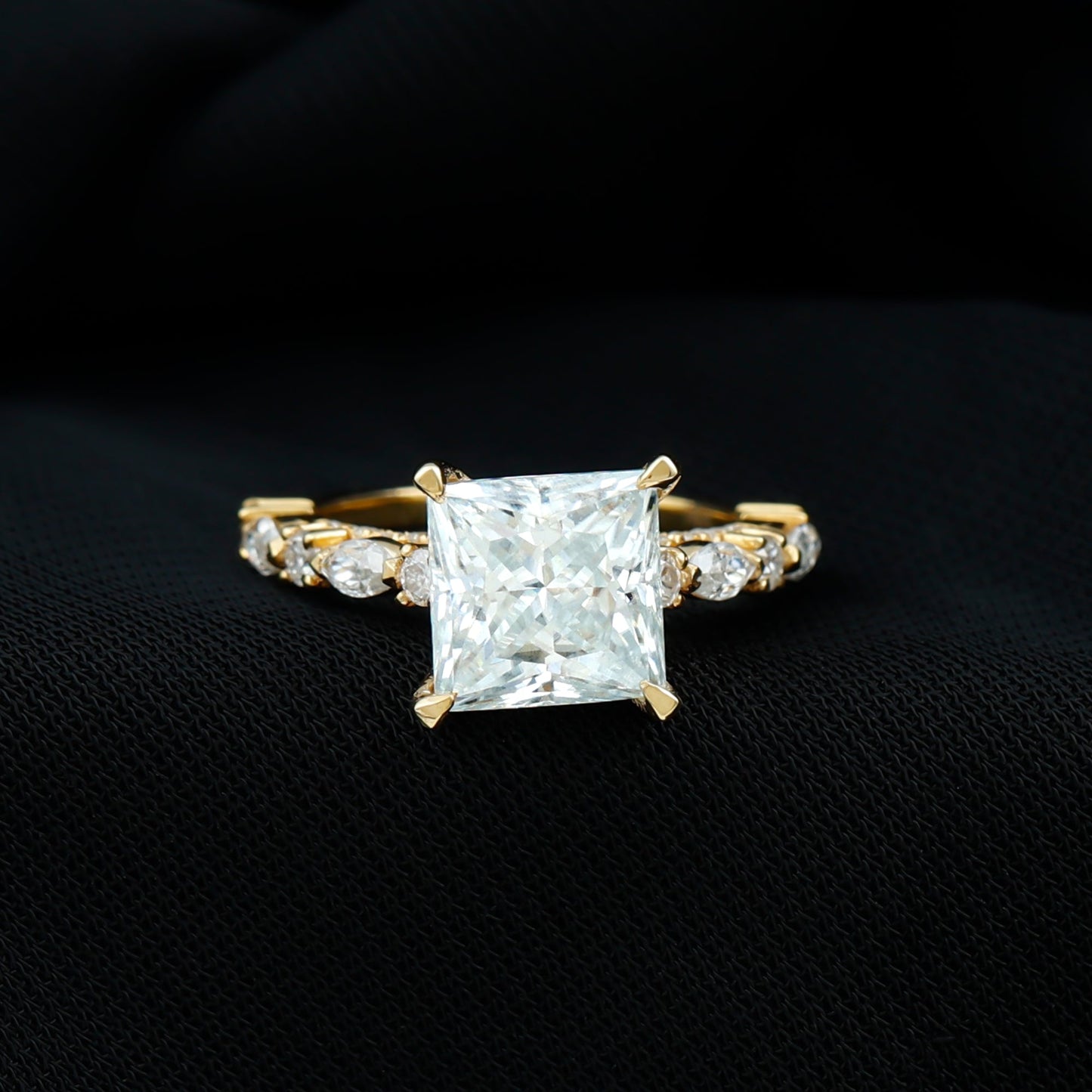 Certified Princess Cut Moissanite Engagement Ring with Side Stones