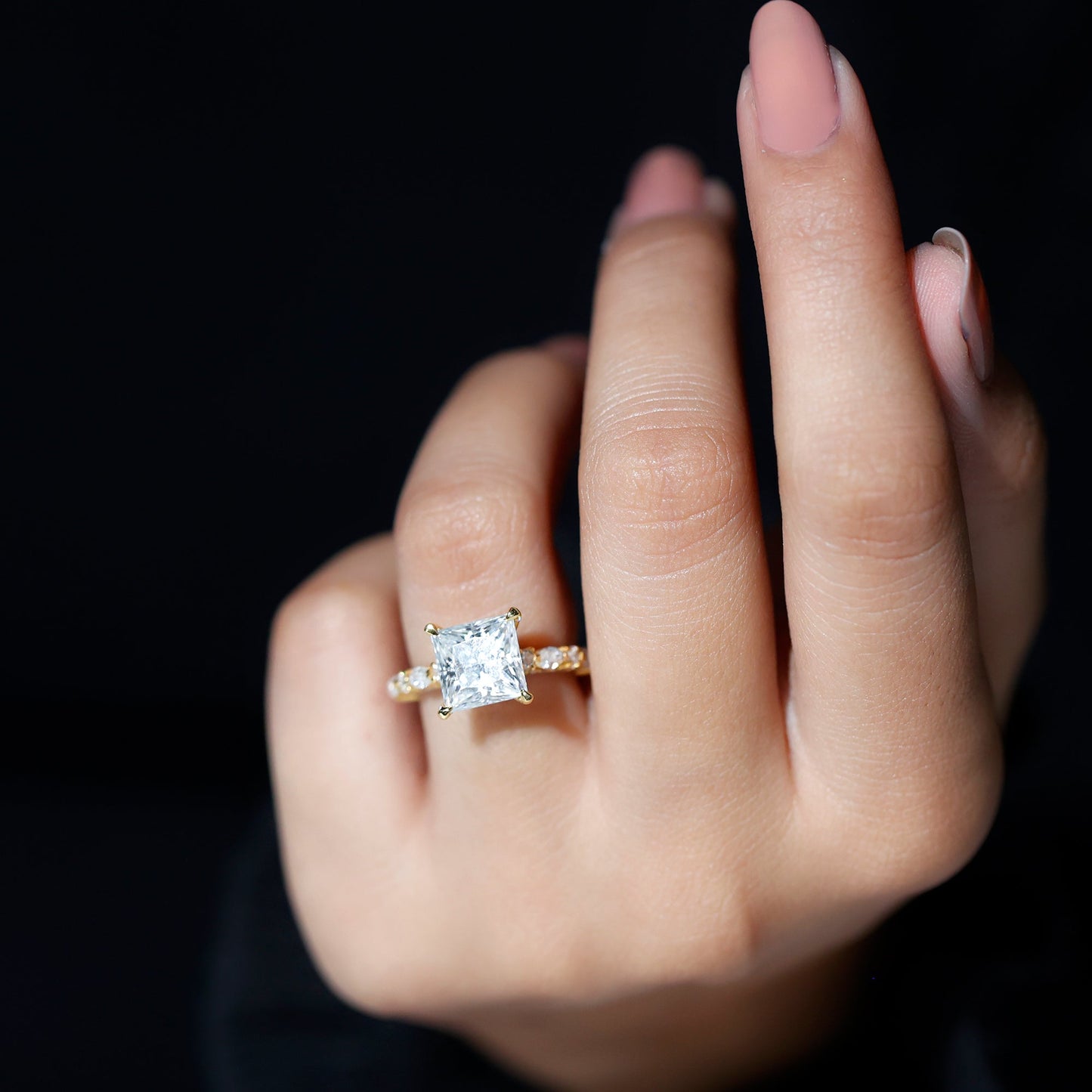 Certified Princess Cut Moissanite Engagement Ring with Side Stones