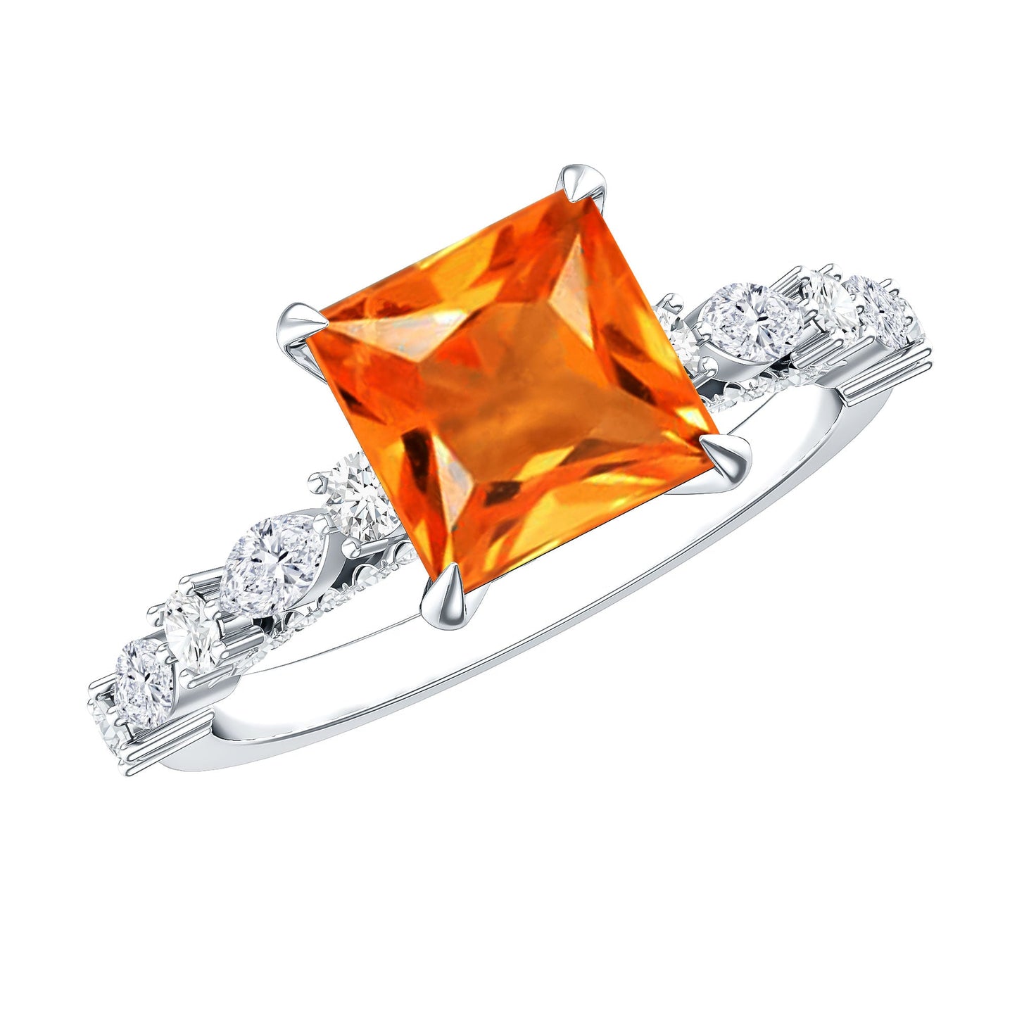 2.75 Carat Lab Grown Orange Sapphire Princess Cut Engagement Ring with Side Stones