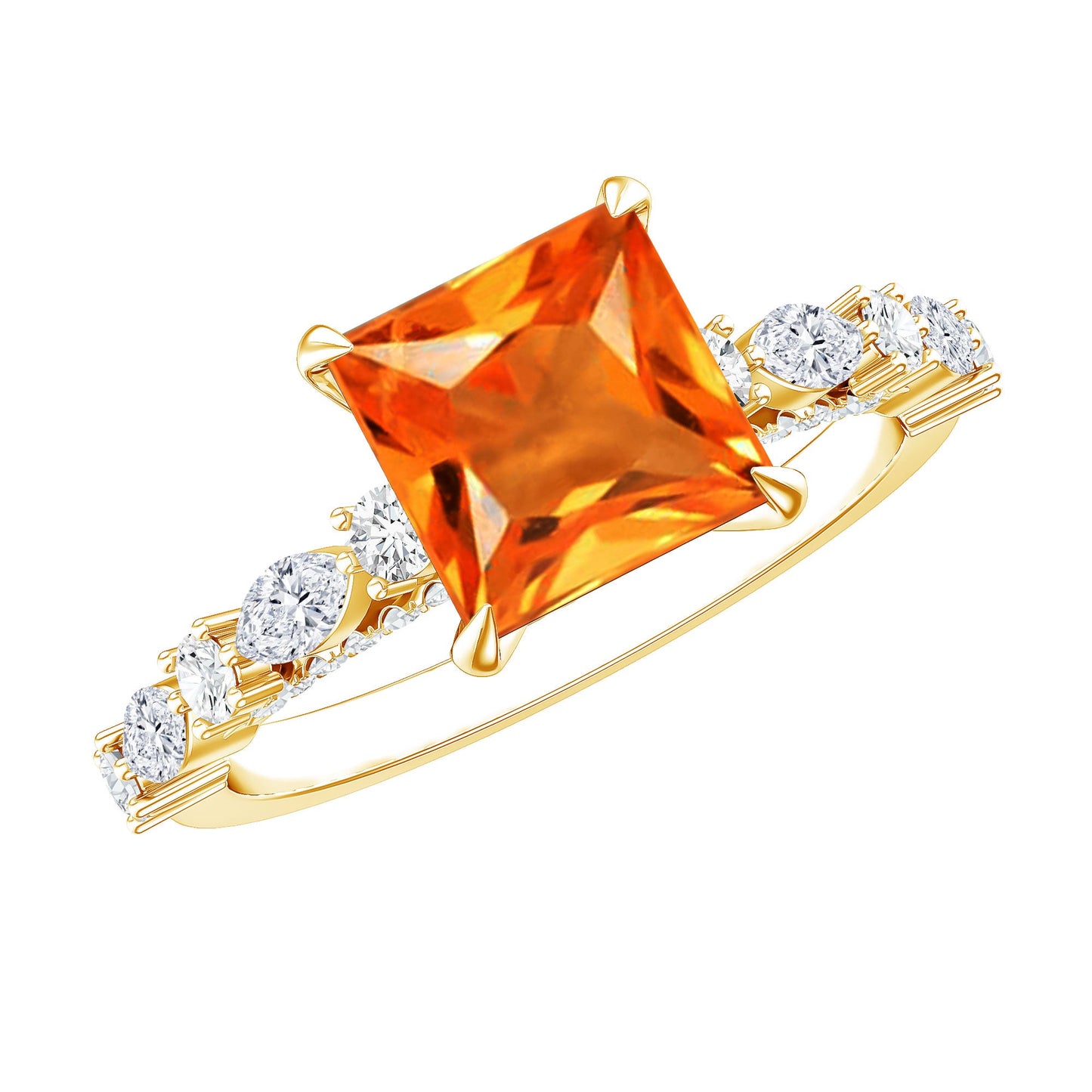 2.75 Carat Lab Grown Orange Sapphire Princess Cut Engagement Ring with Side Stones