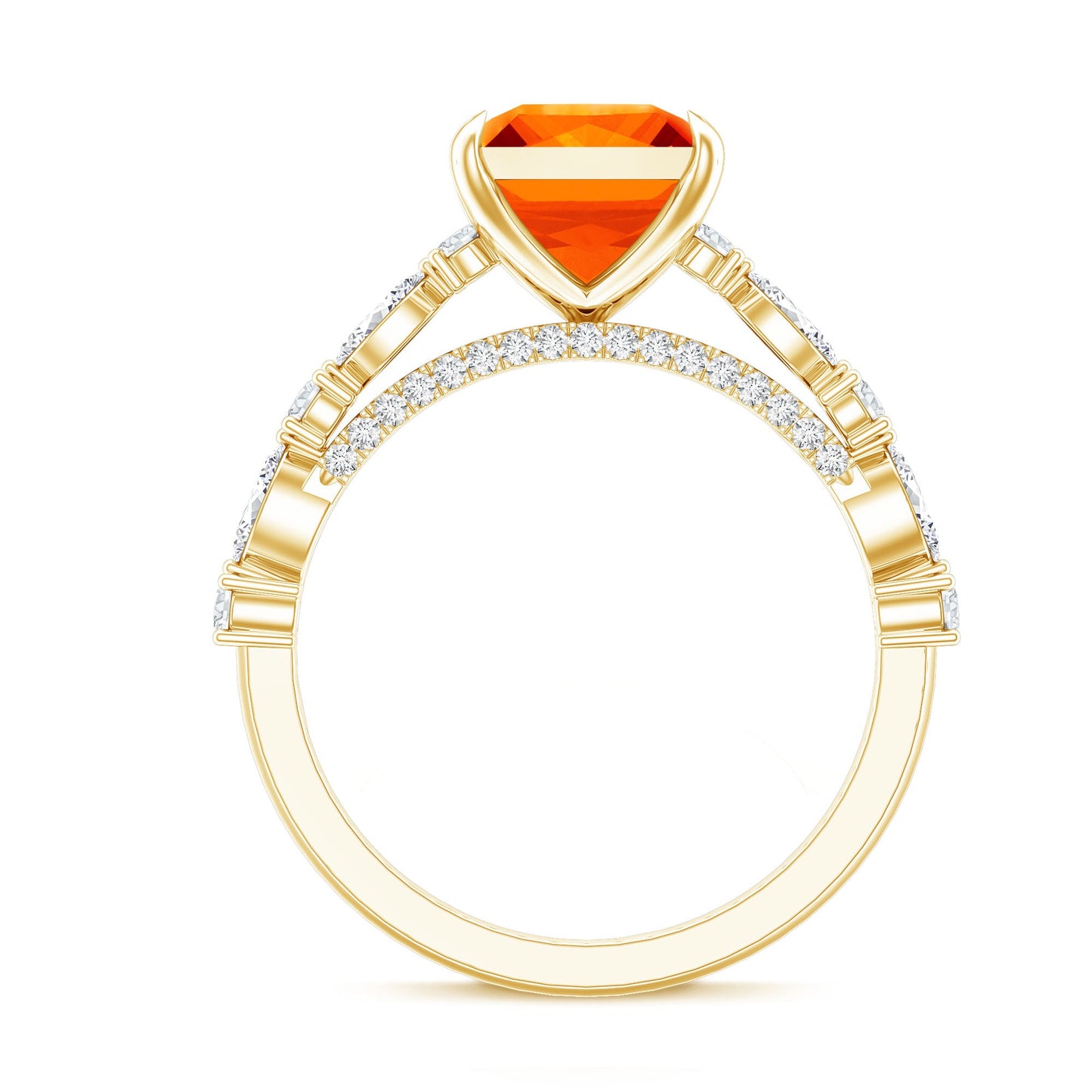 2.75 Carat Lab Grown Orange Sapphire Princess Cut Engagement Ring with Side Stones