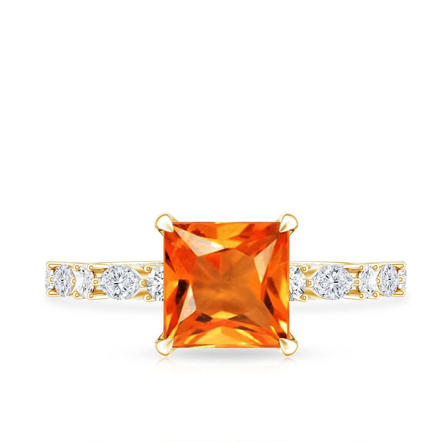 2.75 Carat Lab Grown Orange Sapphire Princess Cut Engagement Ring with Side Stones