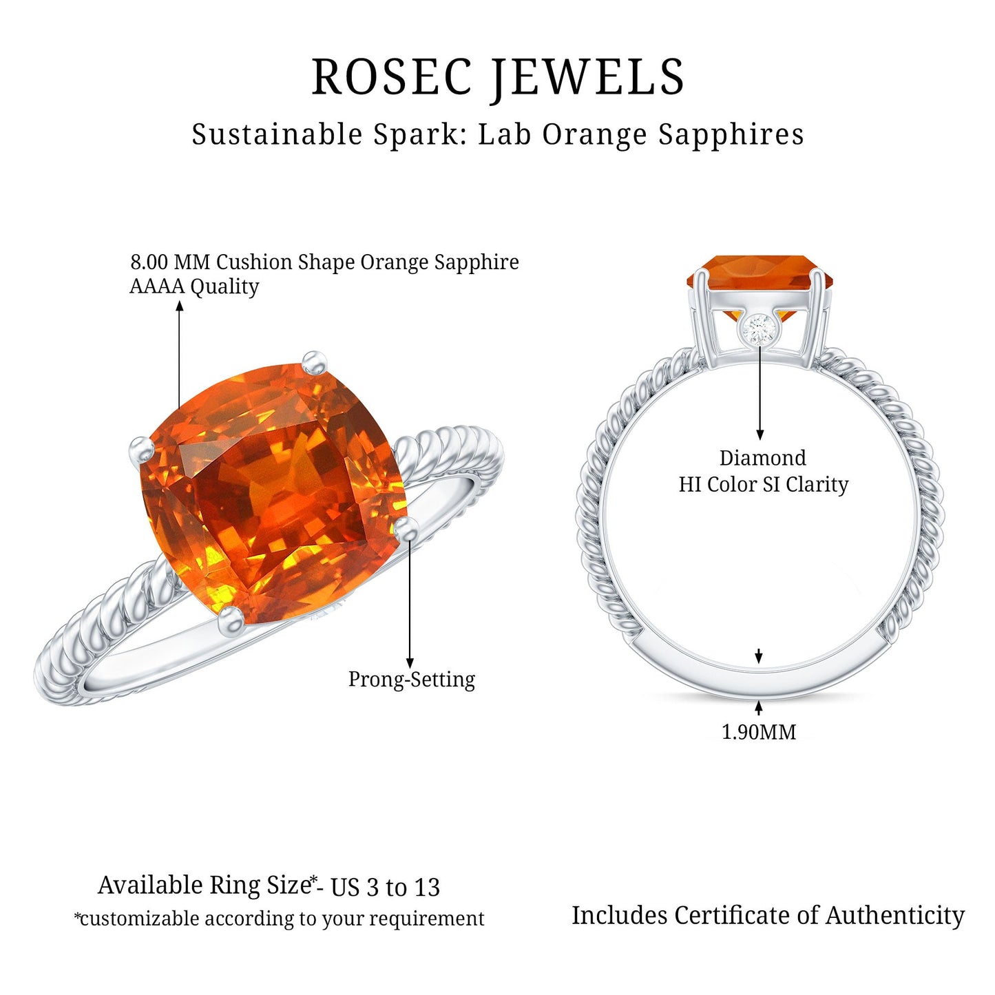 Certified 2.75 Carat Lab Grown Orange Sapphire Cushion Cut Engagement Ring with Diamond