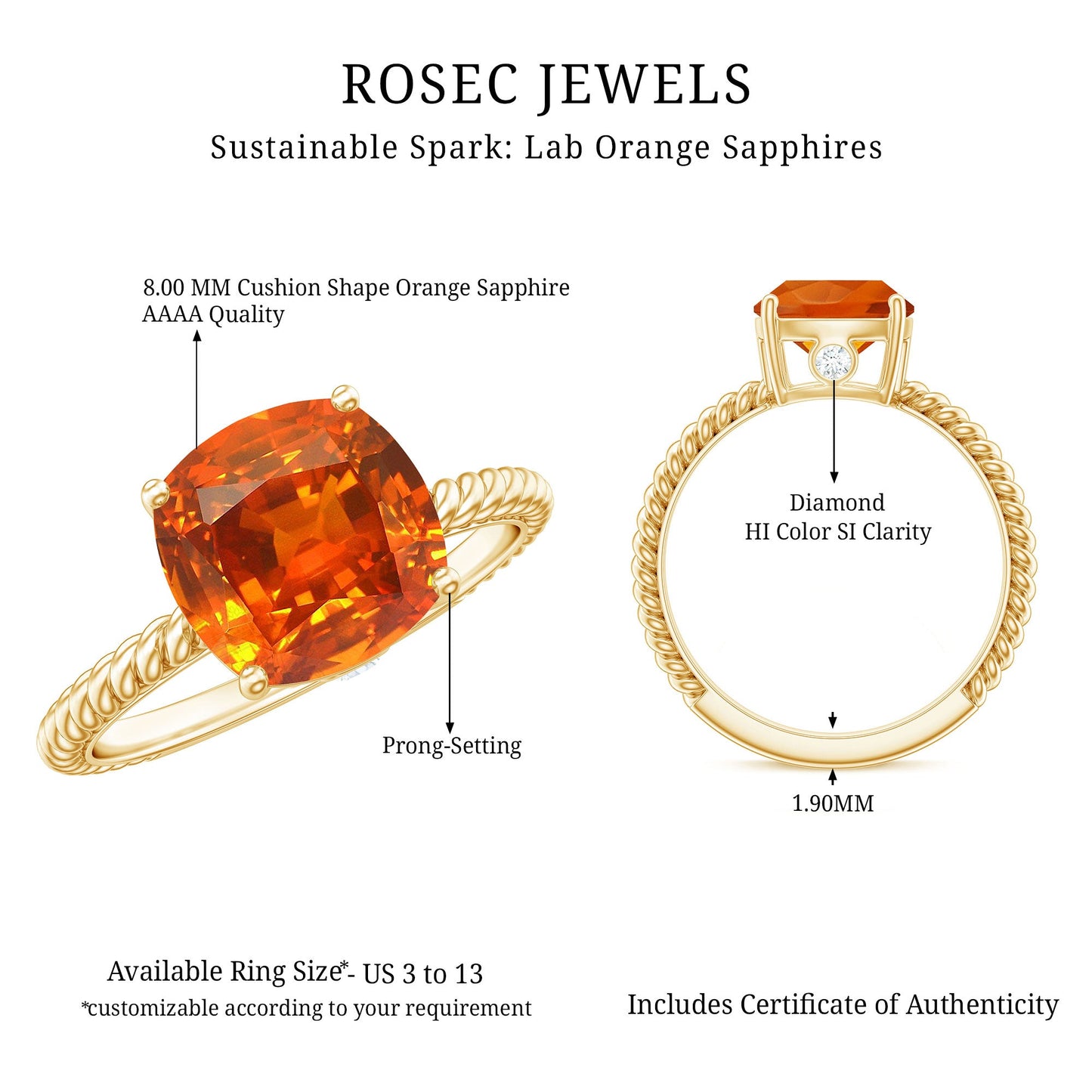 Certified 2.75 Carat Lab Grown Orange Sapphire Cushion Cut Engagement Ring with Diamond
