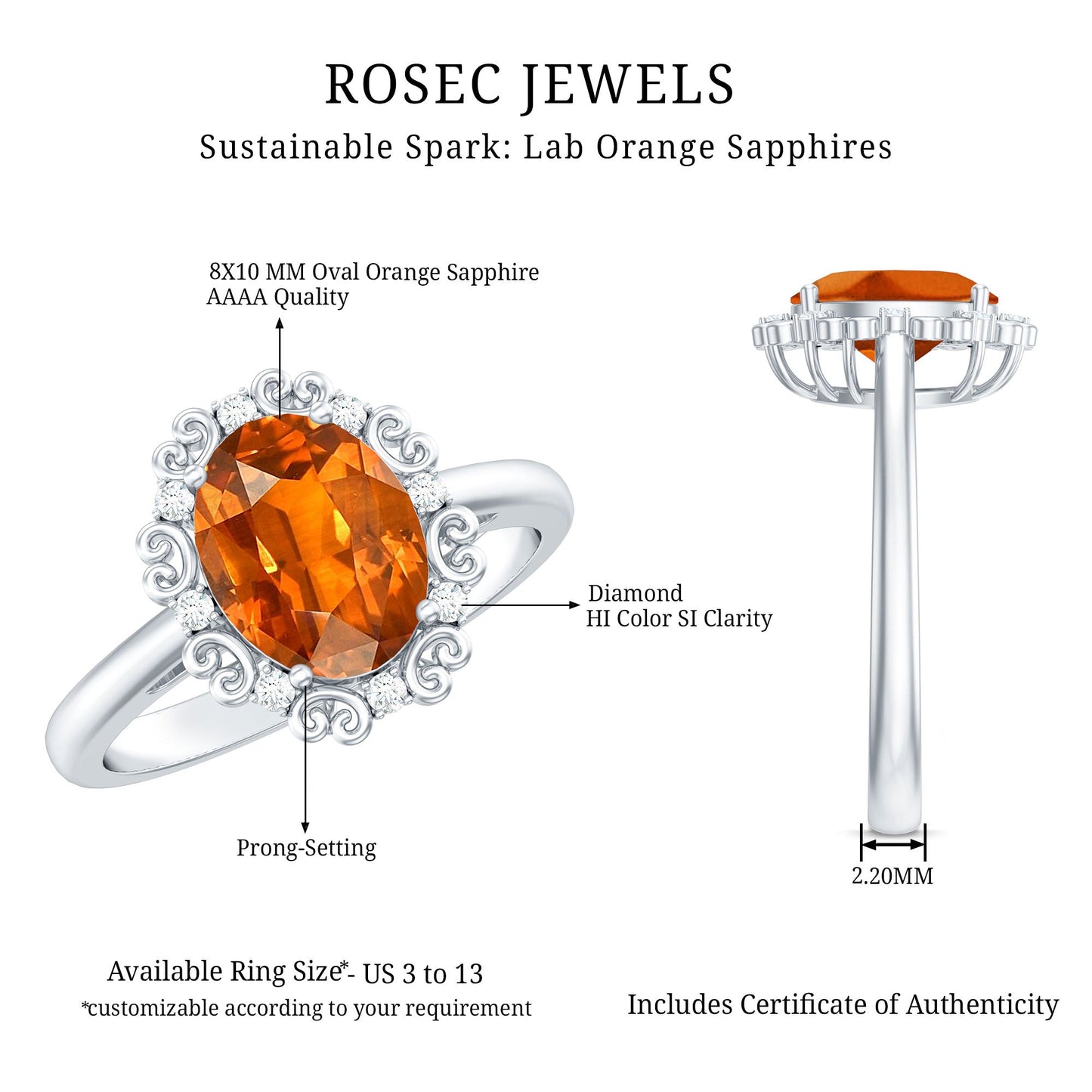 4 Carat Lab Grown Orange Sapphire Vintage Engagement Ring with Diamond
