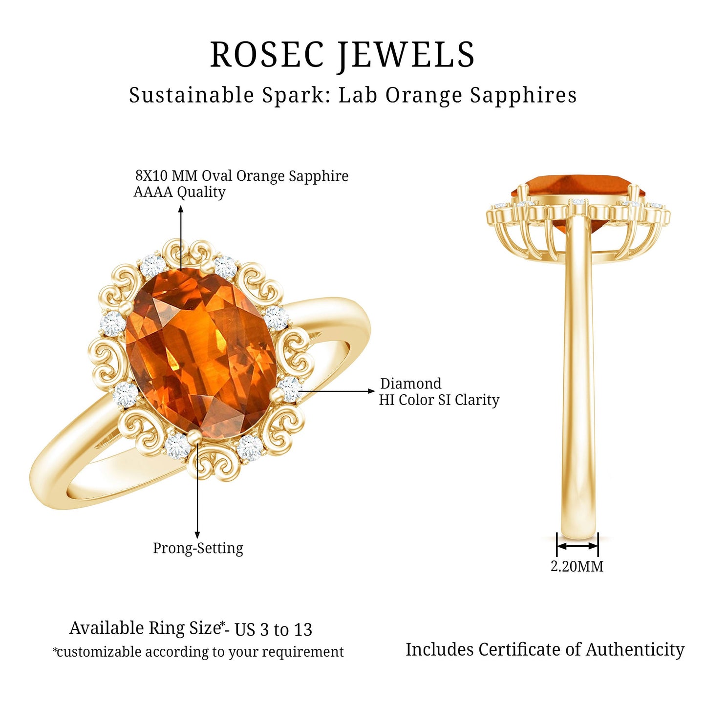 4 Carat Lab Grown Orange Sapphire Vintage Engagement Ring with Diamond