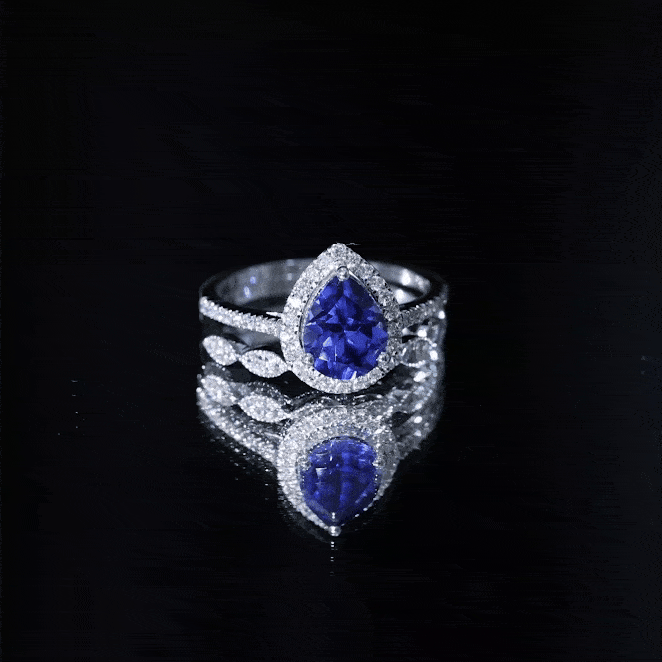 Certified 1.6 Carat Lab Grown Blue Sapphire Pear Shaped Engagement Ring Set with Diamond
