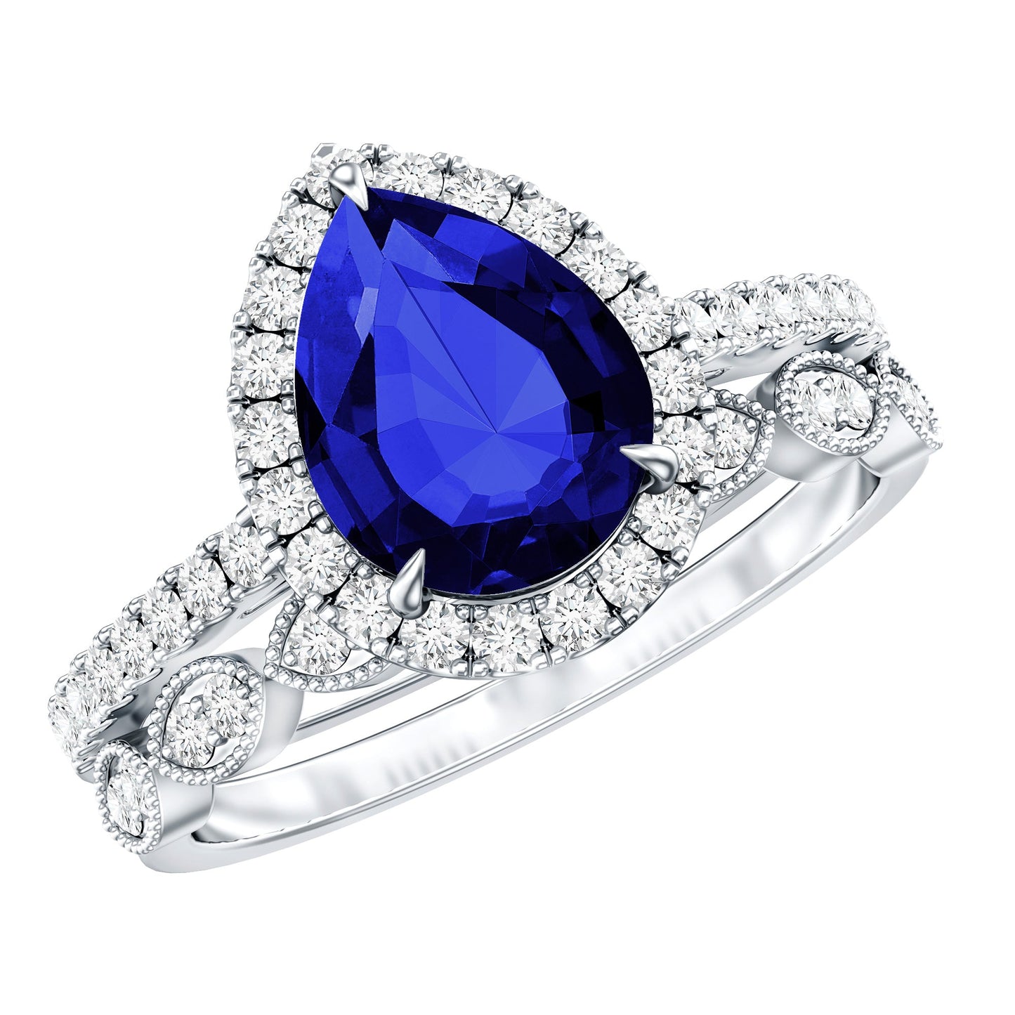 Certified 1.6 Carat Lab Grown Blue Sapphire Pear Shaped Engagement Ring Set with Diamond