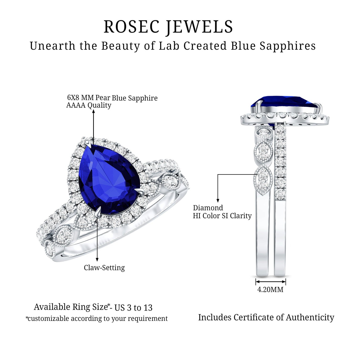 Certified 1.6 Carat Lab Grown Blue Sapphire Pear Shaped Engagement Ring Set with Diamond