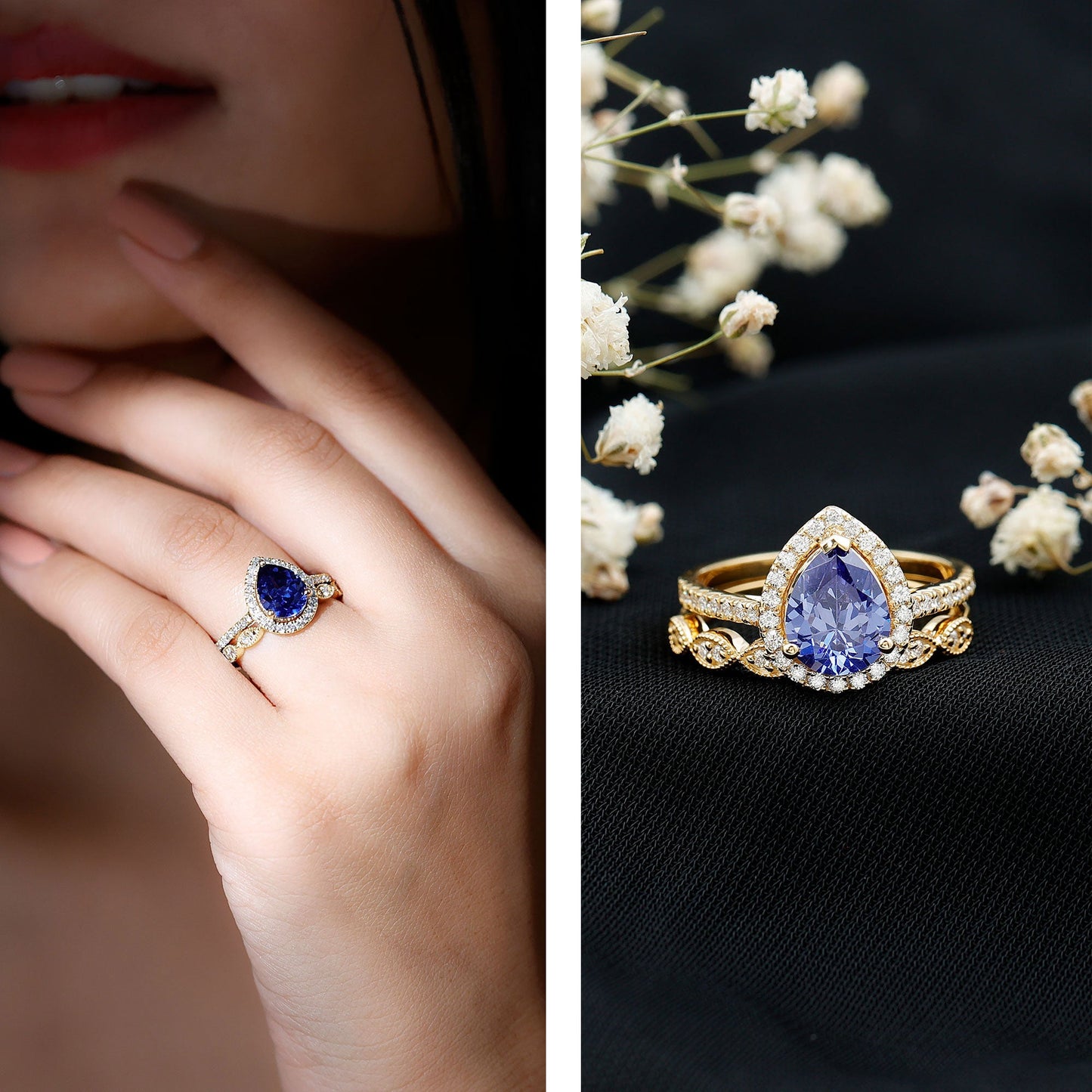 Certified 1.6 Carat Lab Grown Blue Sapphire Pear Shaped Engagement Ring Set with Diamond