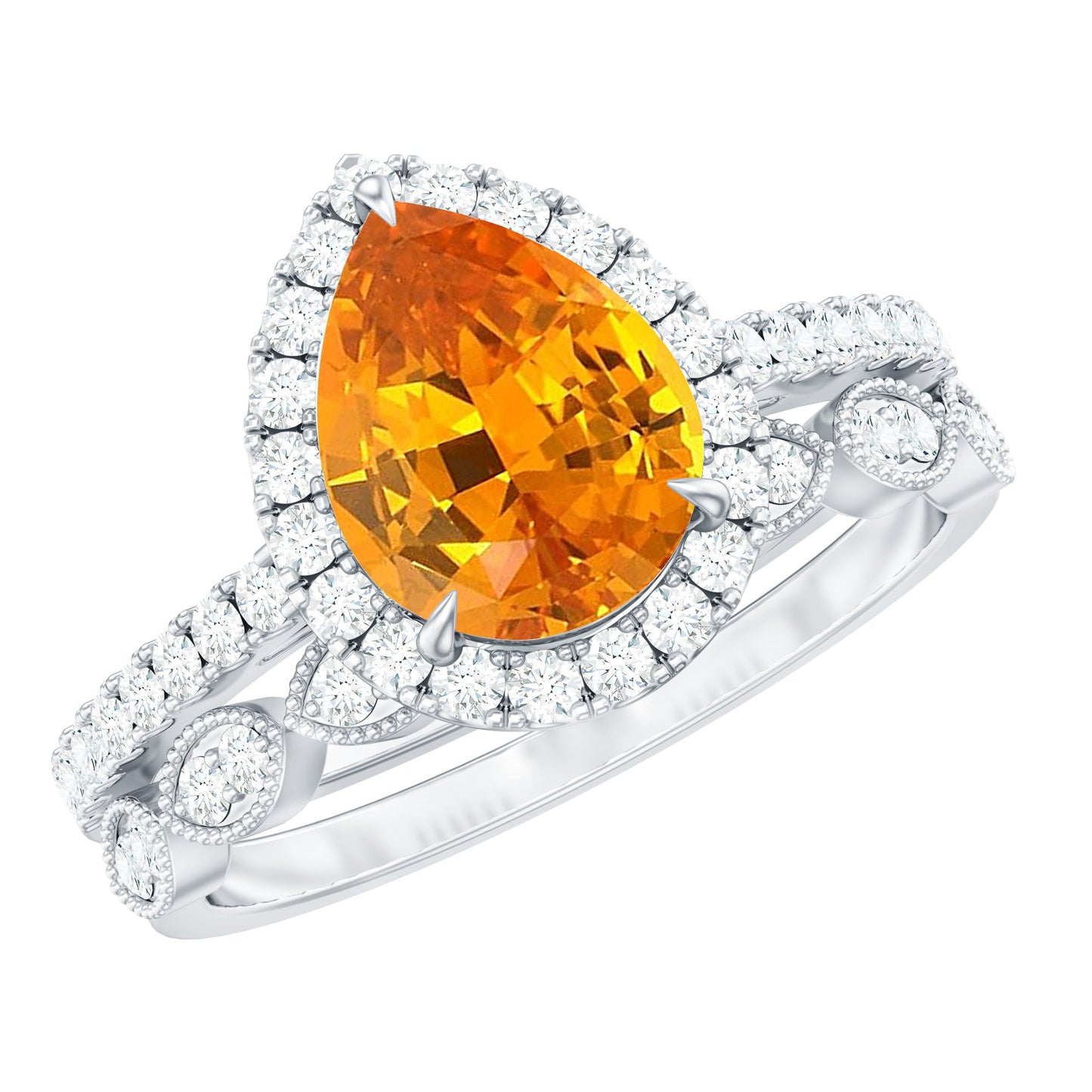 3.3 Carat Pear Shaped Lab Grown Orange Sapphire Wedding Ring Set with Diamond