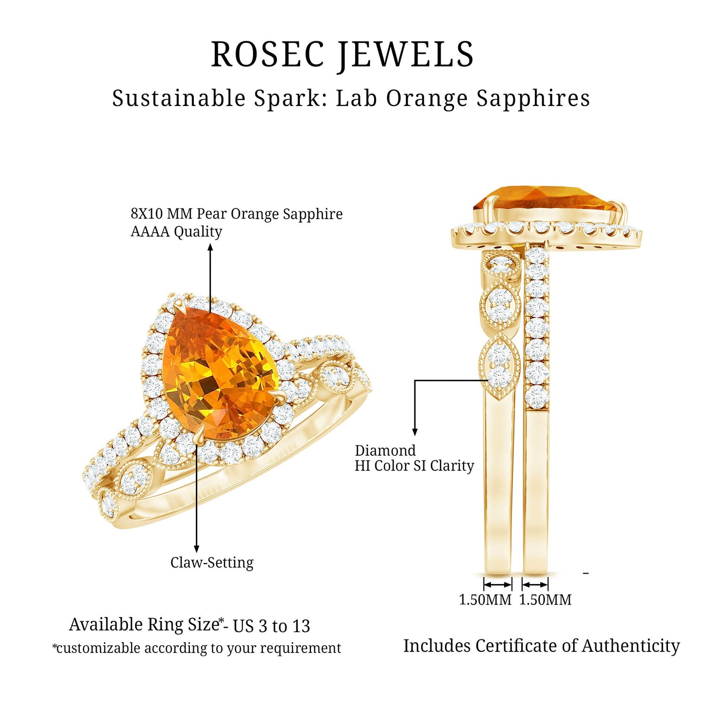 3.3 Carat Pear Shaped Lab Grown Orange Sapphire Wedding Ring Set with Diamond