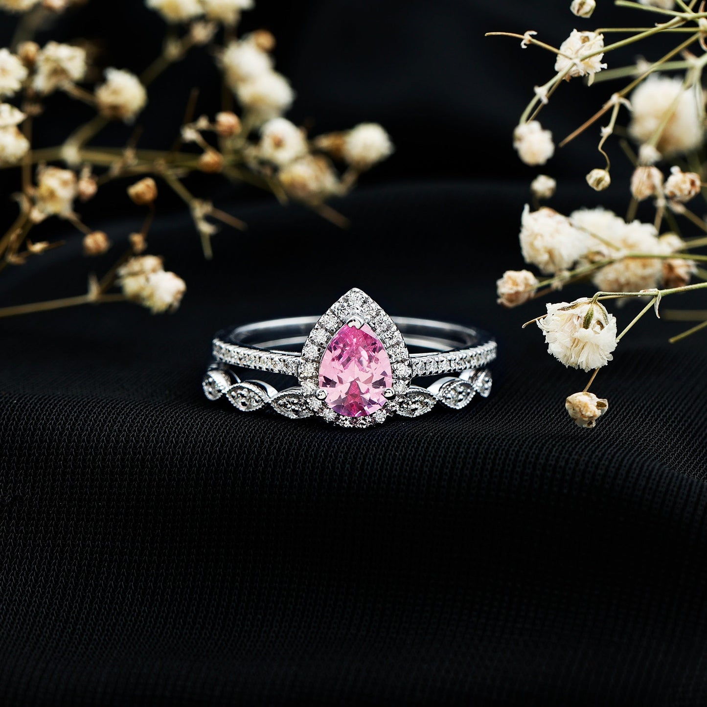 Lab Grown Pink Sapphire Pear Shaped Engagement Ring Set