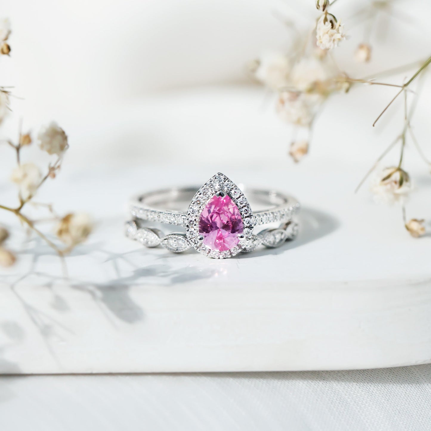Lab Grown Pink Sapphire Pear Shaped Engagement Ring Set