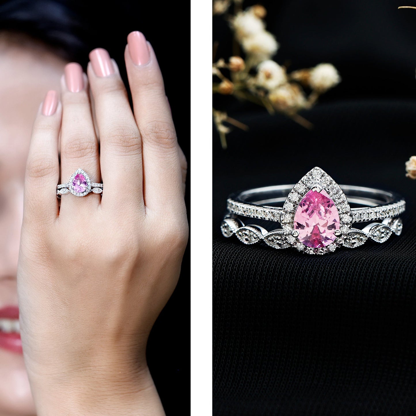 Lab Grown Pink Sapphire Pear Shaped Engagement Ring Set