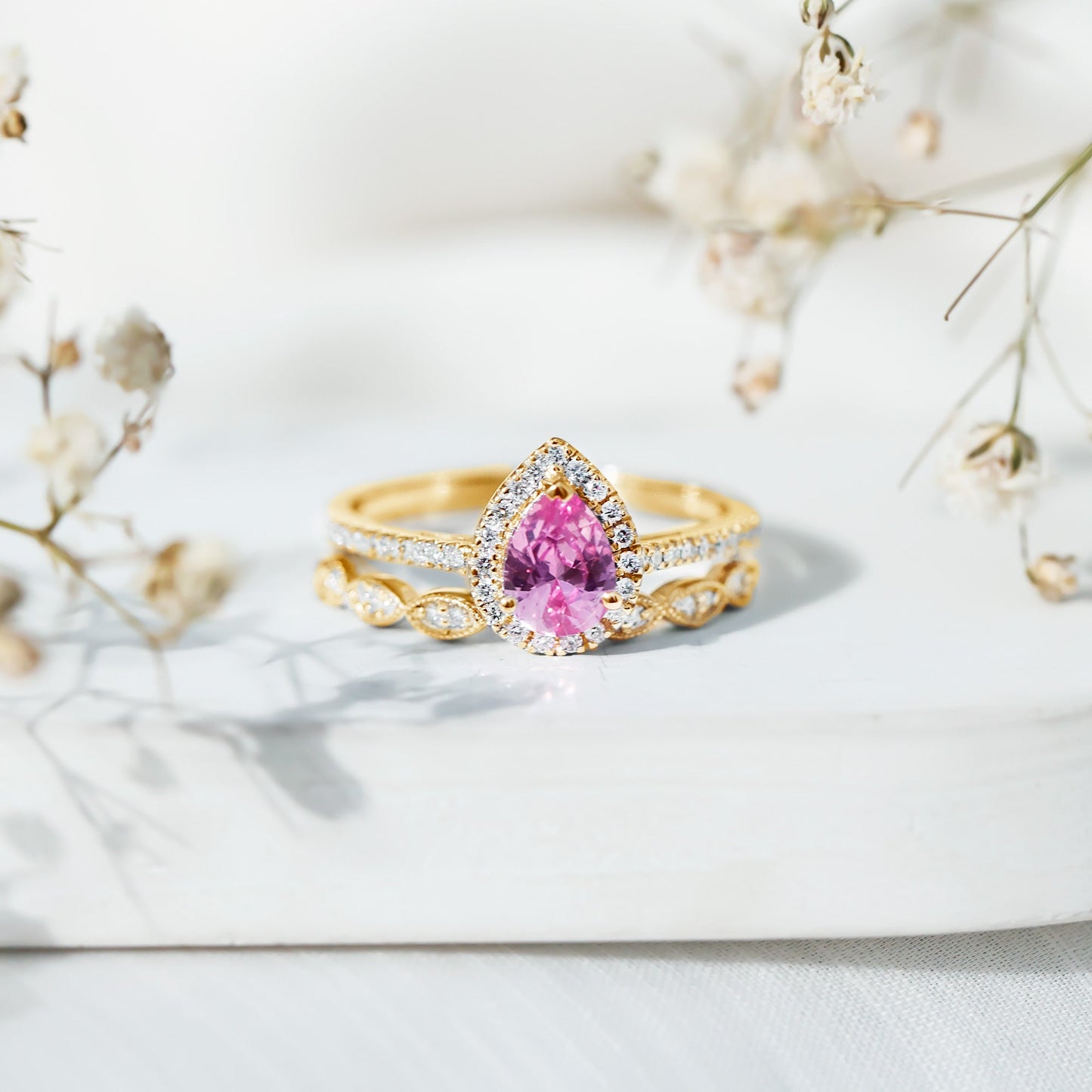 Lab Grown Pink Sapphire Pear Shaped Engagement Ring Set