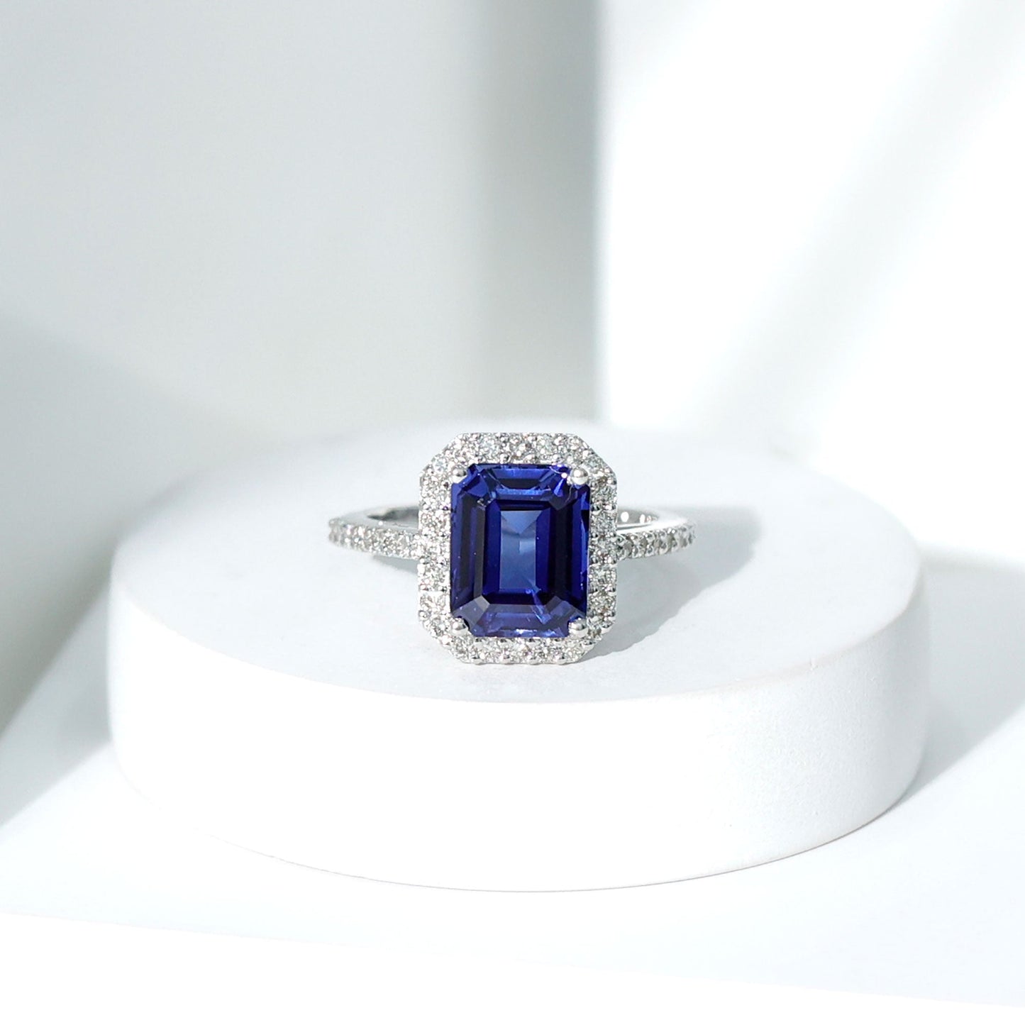 Certified 2.75 Carat Lab Grown Blue Sapphire Emerald Cut Engagement Ring with Diamond Halo