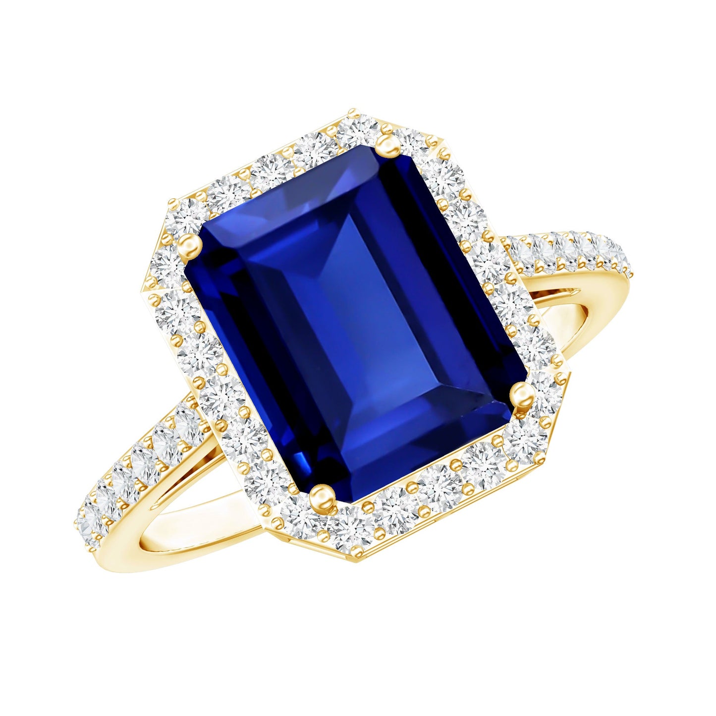 Certified 2.75 Carat Lab Grown Blue Sapphire Emerald Cut Engagement Ring with Diamond Halo