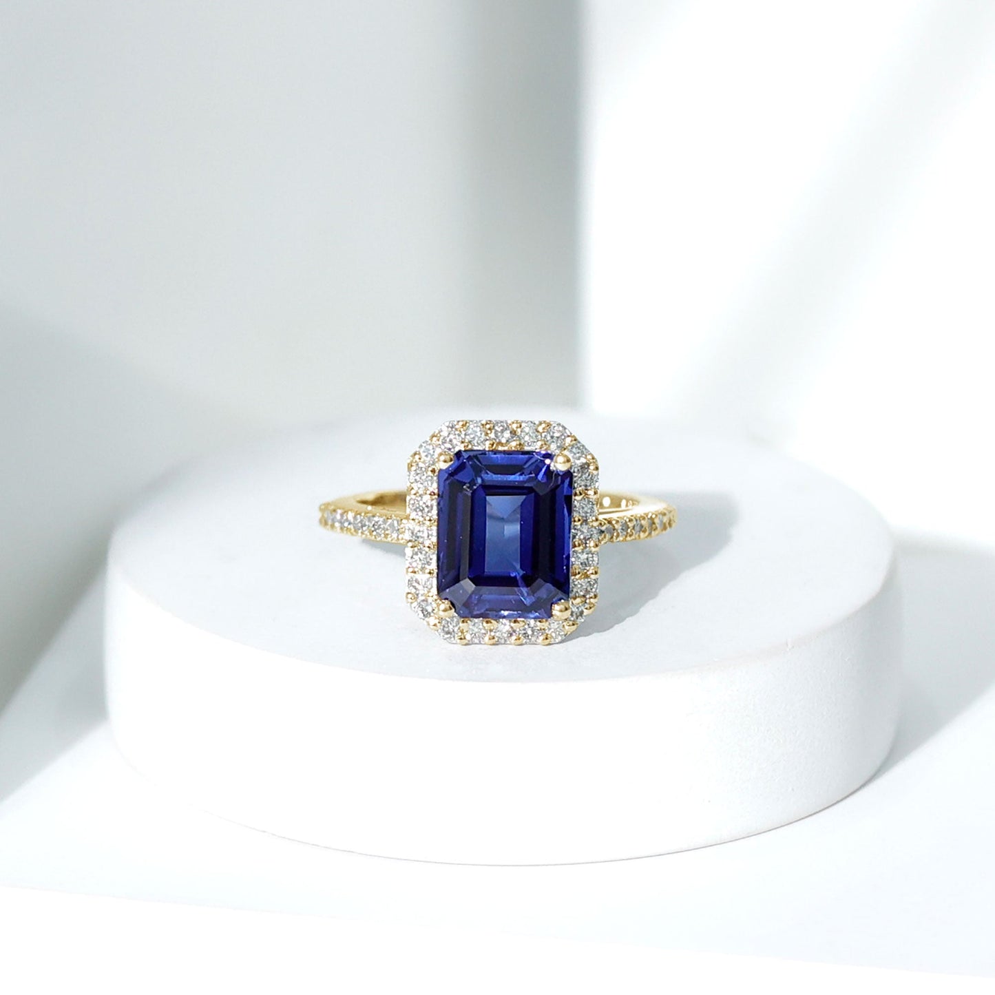 Certified 2.75 Carat Lab Grown Blue Sapphire Emerald Cut Engagement Ring with Diamond Halo