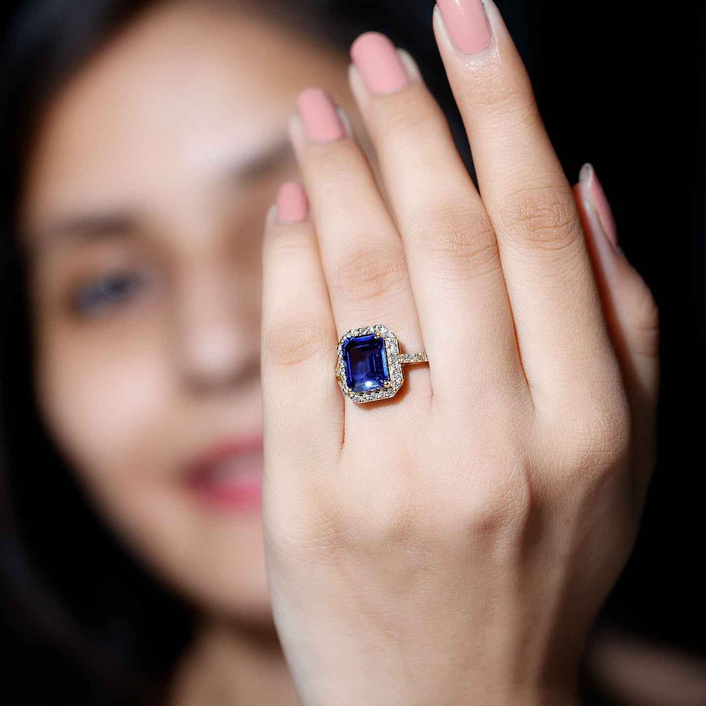 Certified 2.75 Carat Lab Grown Blue Sapphire Emerald Cut Engagement Ring with Diamond Halo
