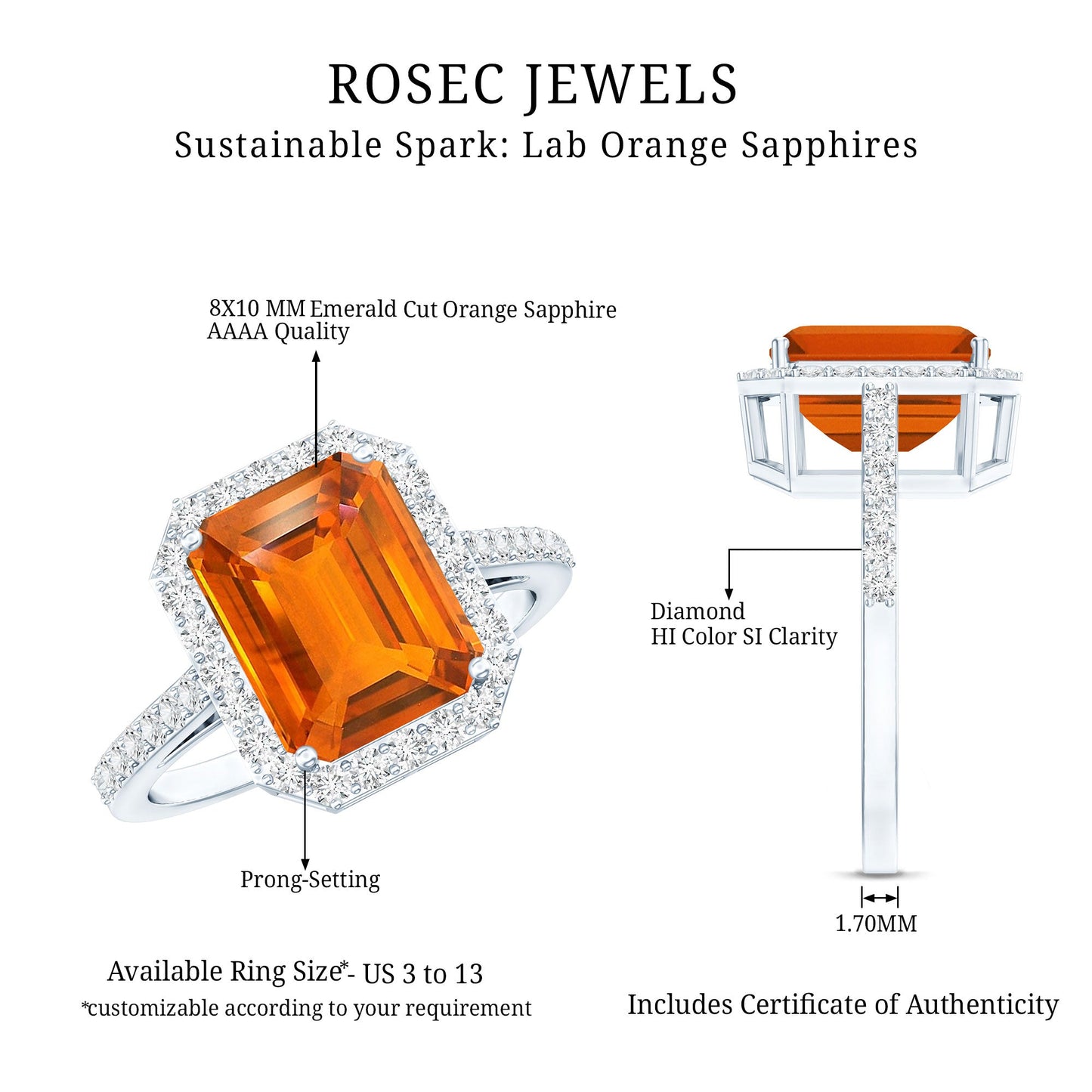 2.75 Carat Lab Grown Orange Sapphire Emerald Cut Engagement Ring with Diamond Halo