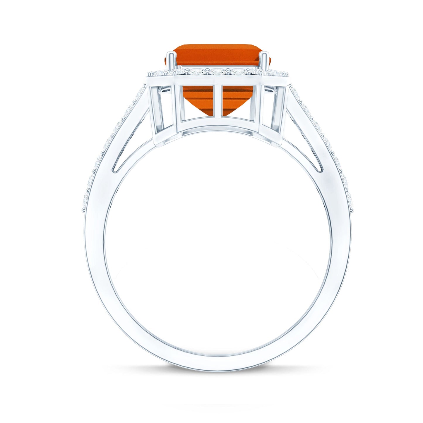 2.75 Carat Lab Grown Orange Sapphire Emerald Cut Engagement Ring with Diamond Halo