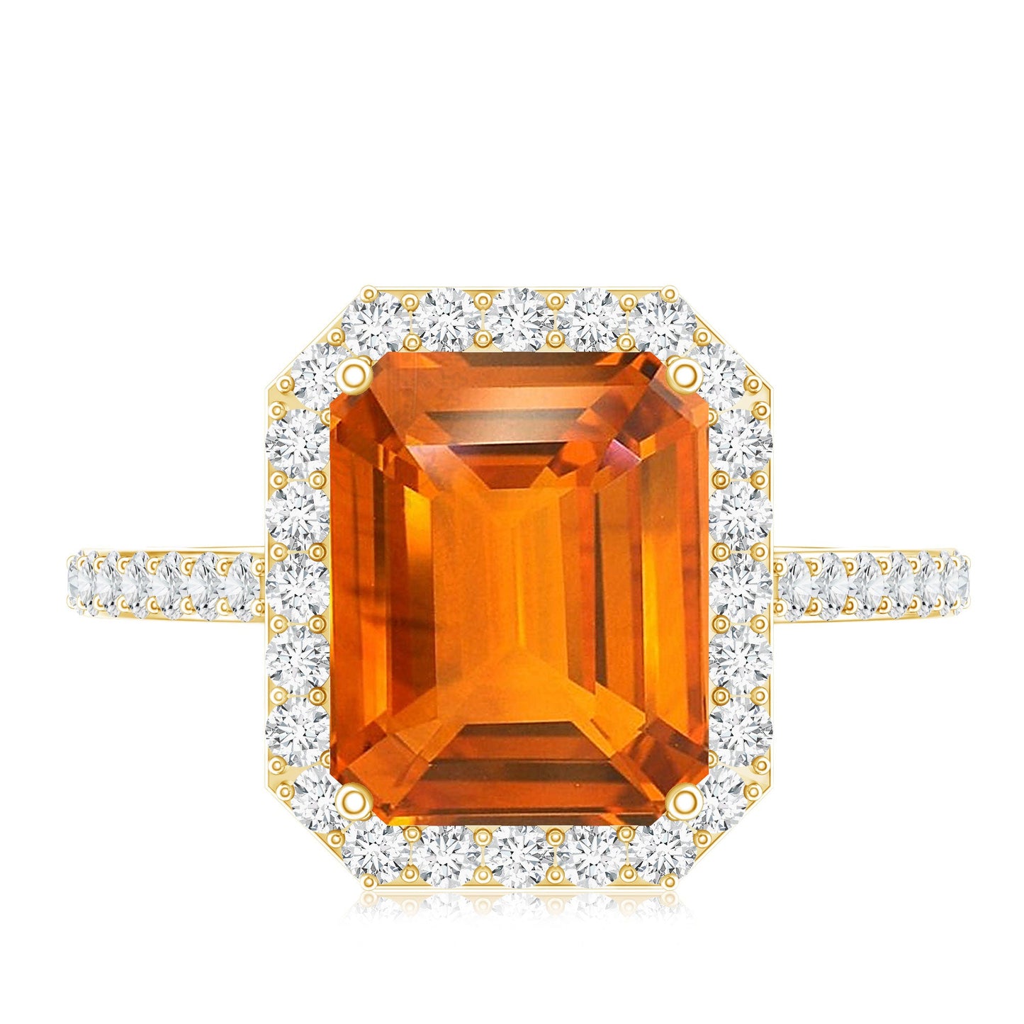 2.75 Carat Lab Grown Orange Sapphire Emerald Cut Engagement Ring with Diamond Halo