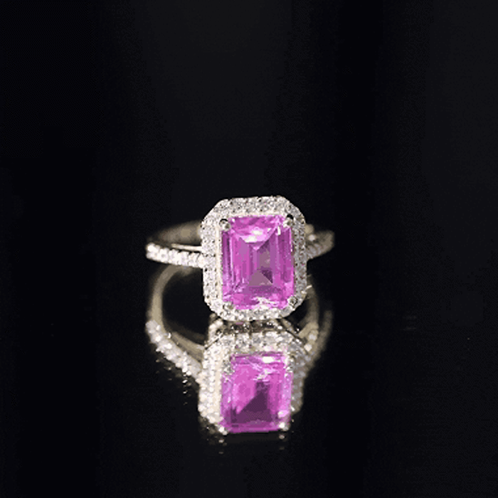 2.75 Carat Lab Grown Pink Sapphire Emerald Cut Engagement Ring with Diamond