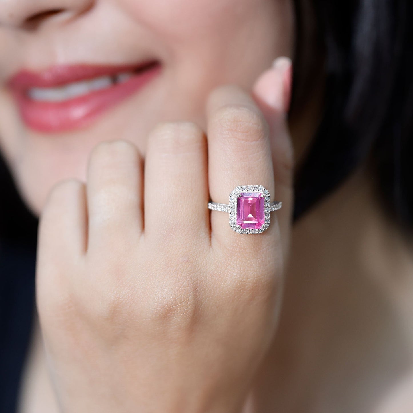 2.75 Carat Lab Grown Pink Sapphire Emerald Cut Engagement Ring with Diamond