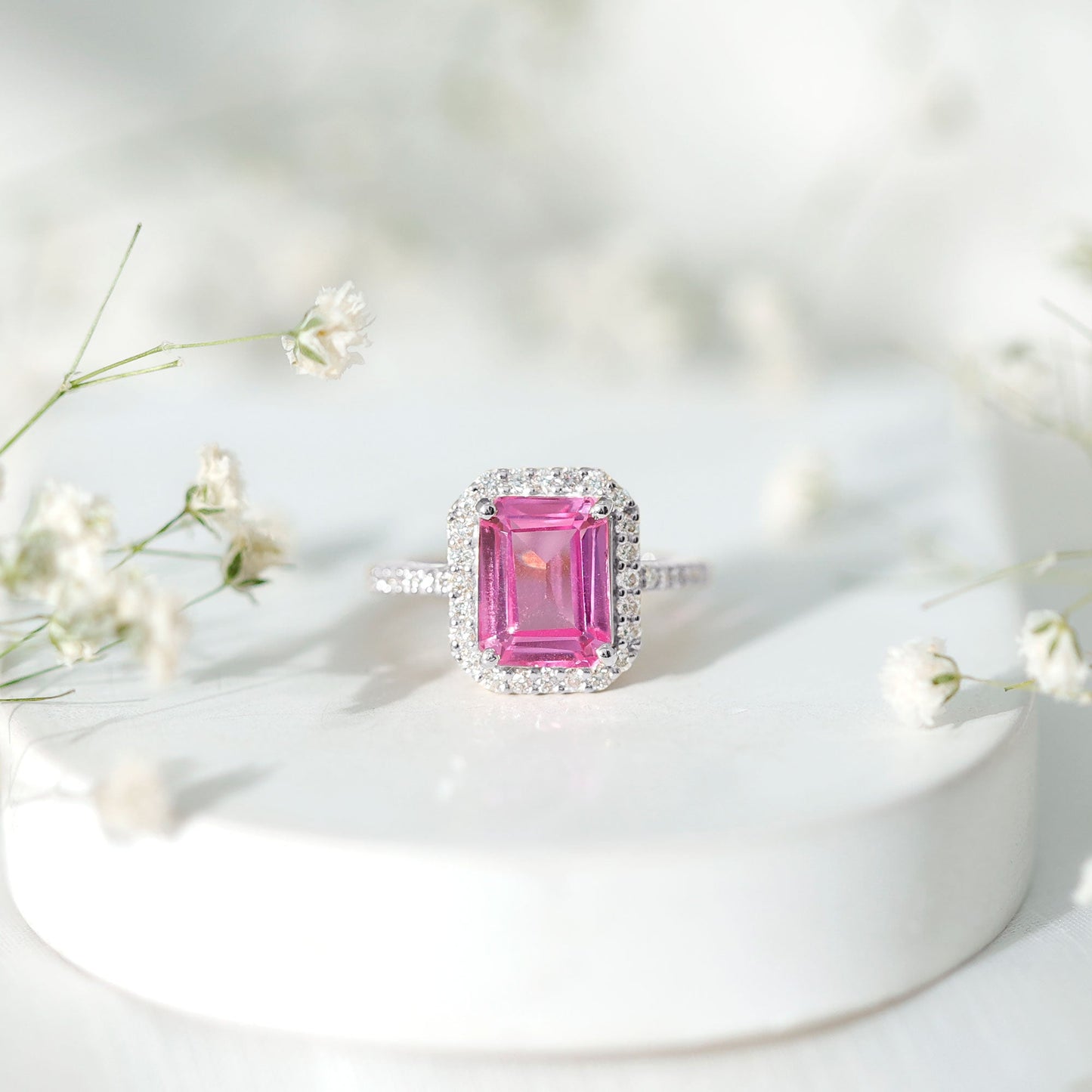 2.75 Carat Lab Grown Pink Sapphire Emerald Cut Engagement Ring with Diamond