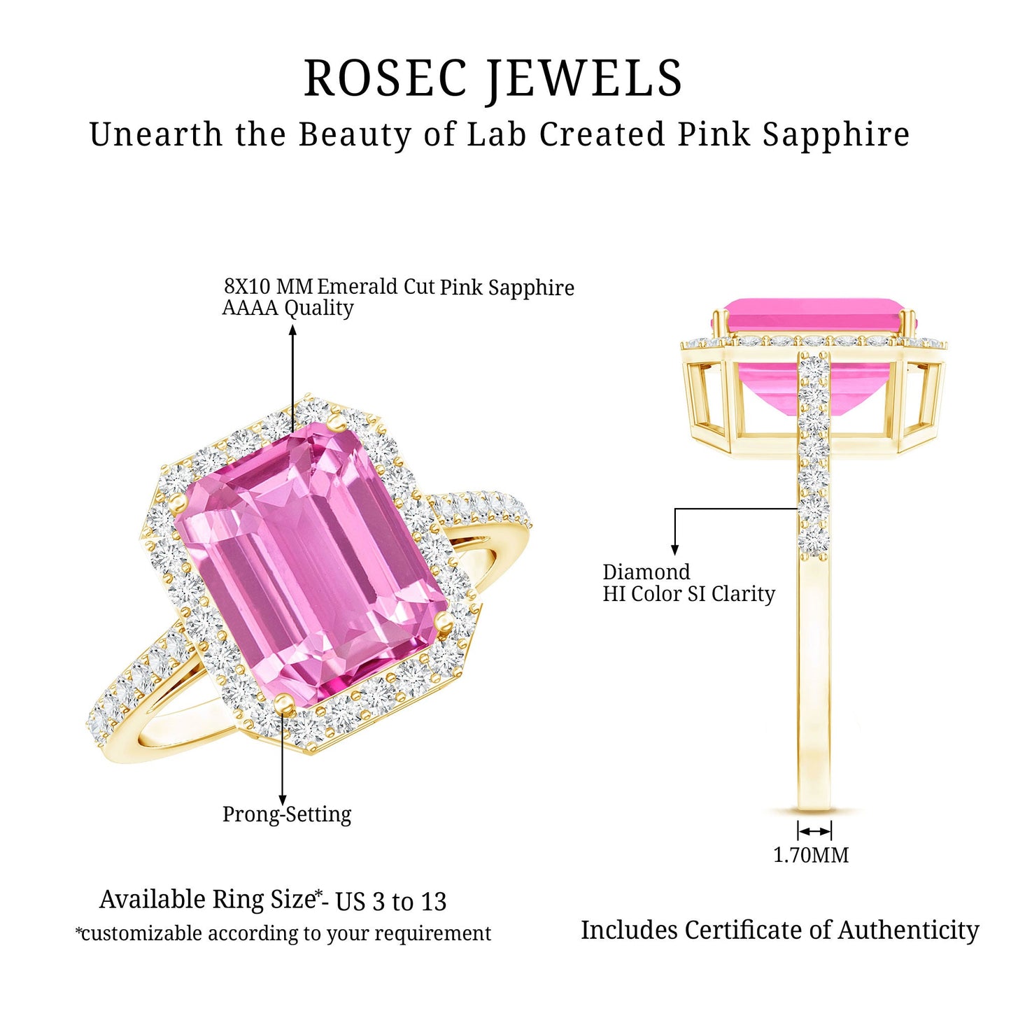 2.75 Carat Lab Grown Pink Sapphire Emerald Cut Engagement Ring with Diamond