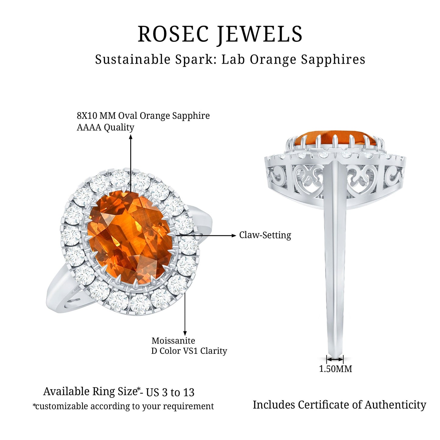 Certified 4 Carat Lab Grown Orange Sapphire Huge Engagement Ring with Diamonds