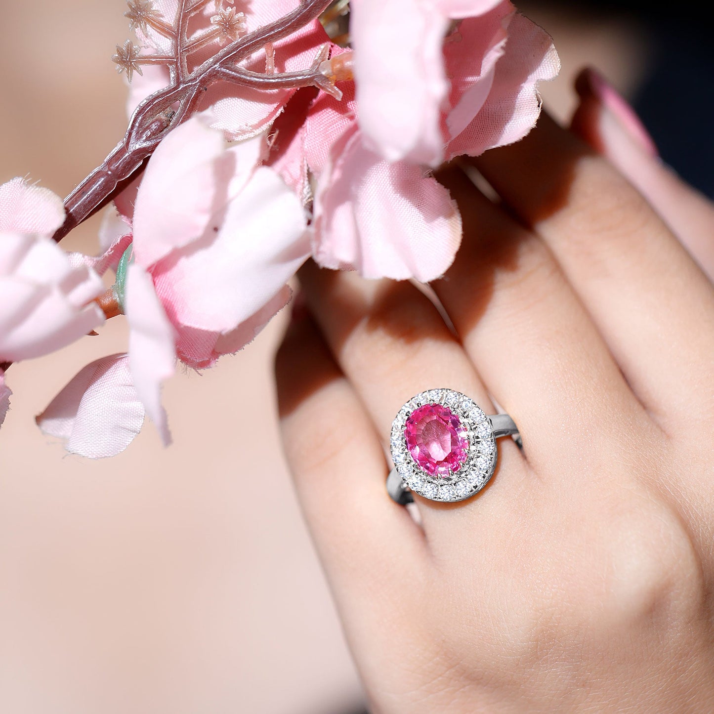 4 Carat Lab Grown Pink Sapphire Cocktail Engagement Ring with Diamond Halo