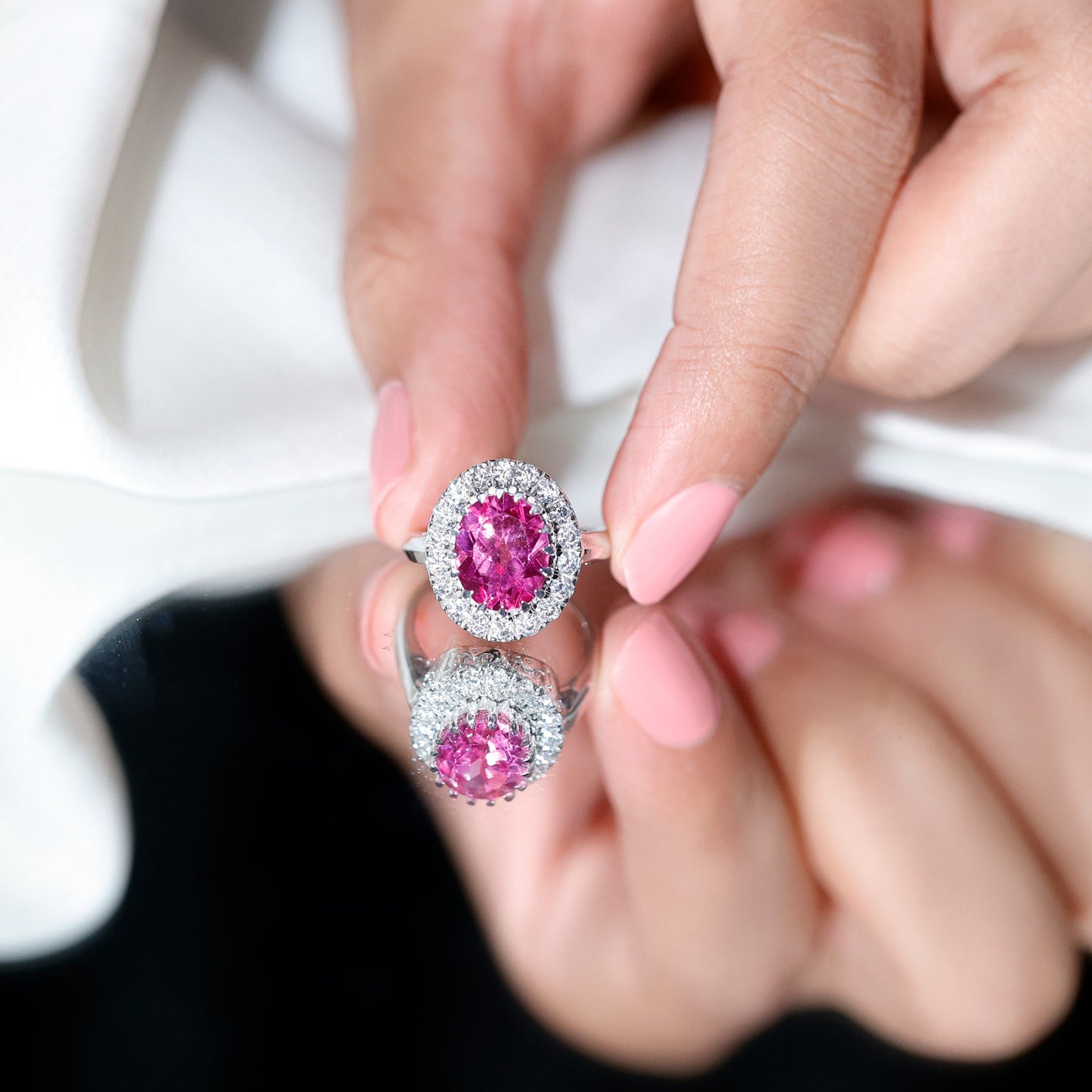4 Carat Lab Grown Pink Sapphire Cocktail Engagement Ring with Diamond Halo