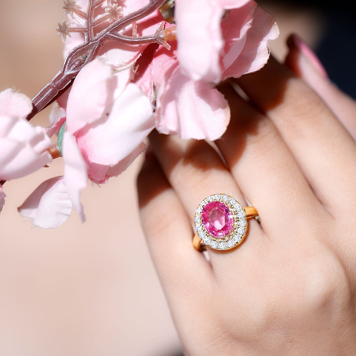 4 Carat Lab Grown Pink Sapphire Cocktail Engagement Ring with Diamond Halo