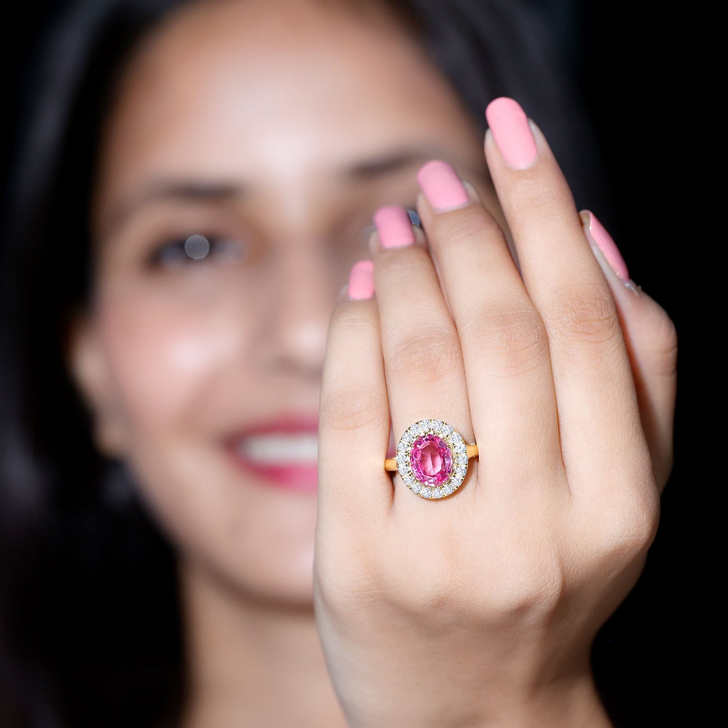 4 Carat Lab Grown Pink Sapphire Cocktail Engagement Ring with Diamond Halo