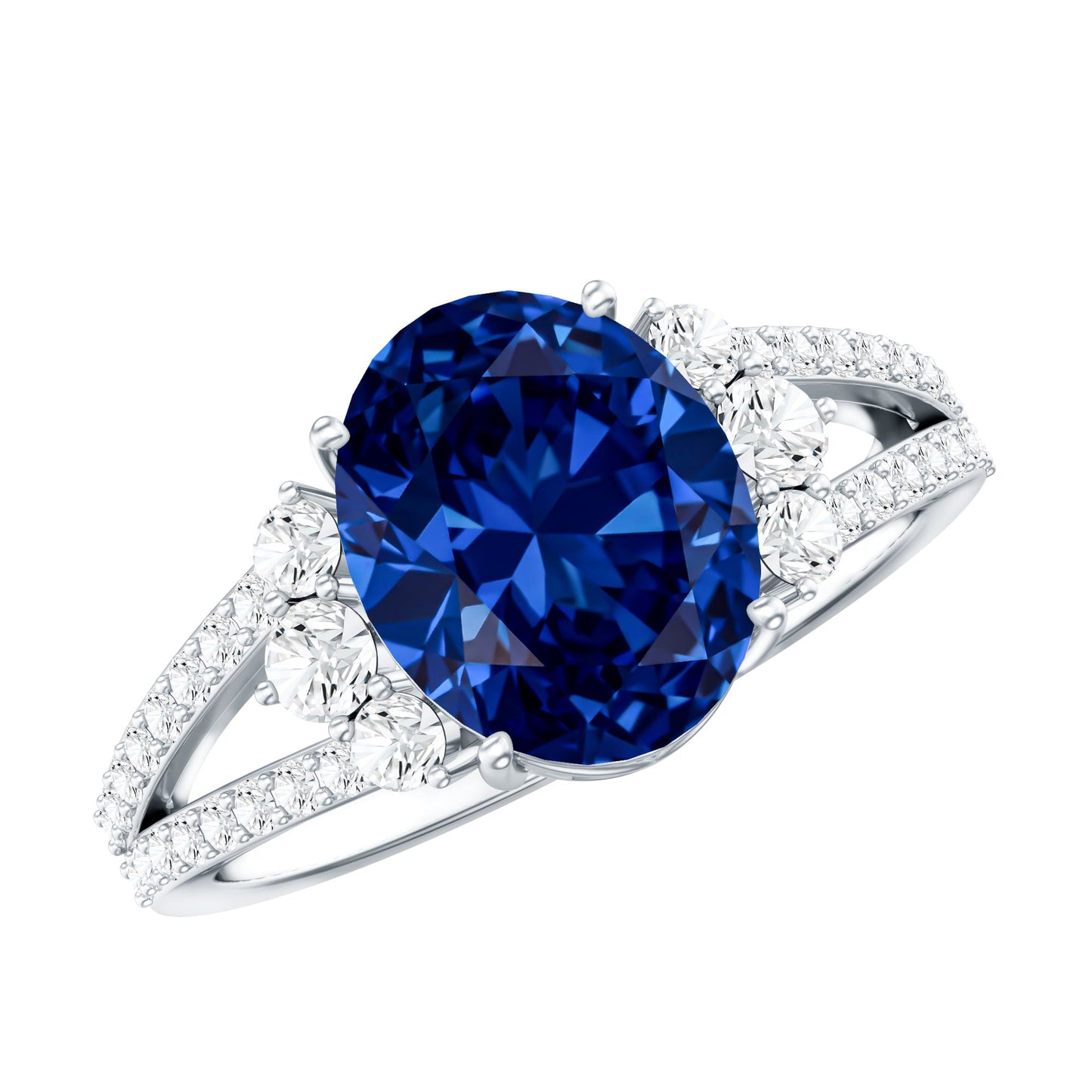 Certified 4 Carat Lab Grown Blue Sapphire Oval Engagement Ring with Diamond Split Shank