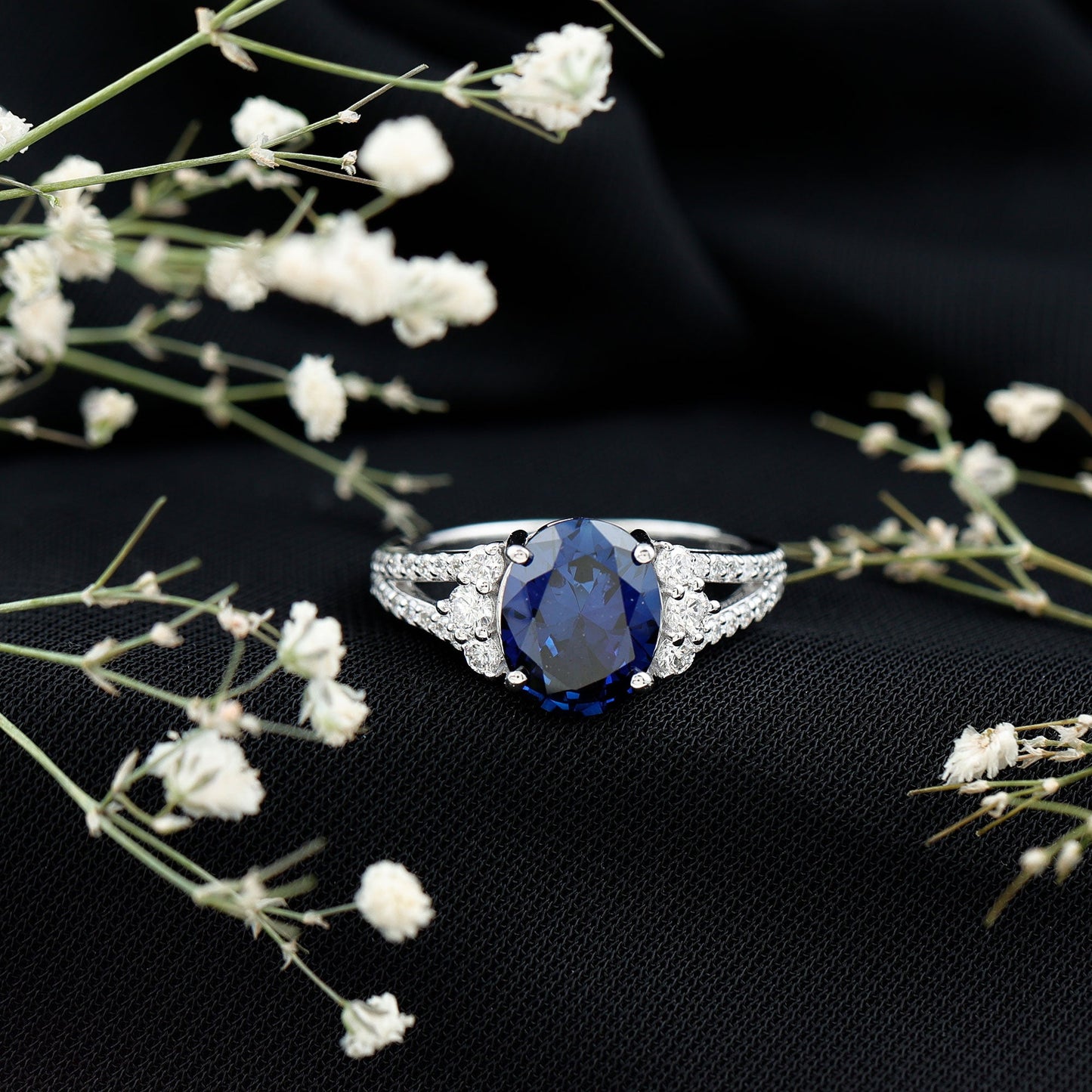 Certified 4 Carat Lab Grown Blue Sapphire Oval Engagement Ring with Diamond Split Shank