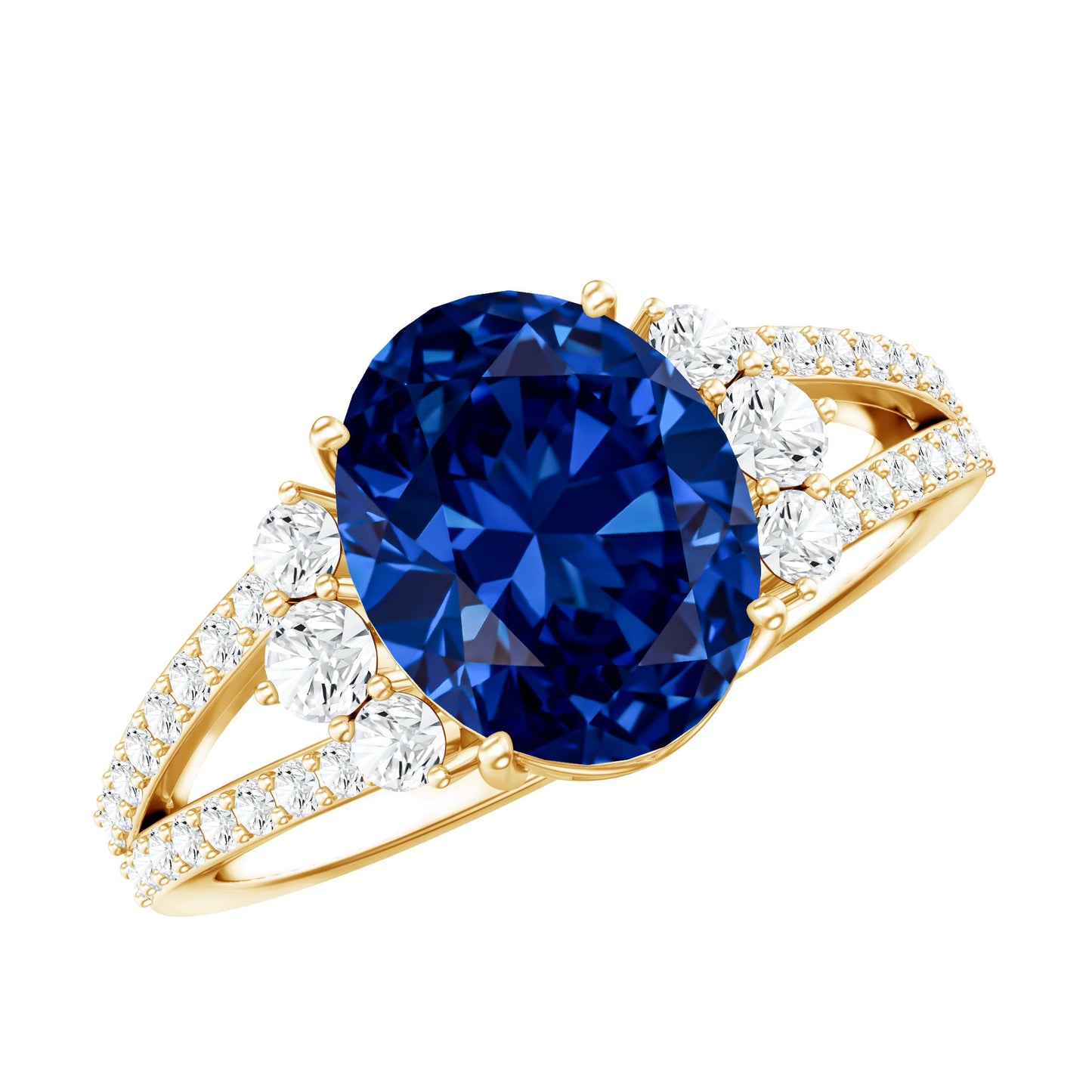 Certified 4 Carat Lab Grown Blue Sapphire Oval Engagement Ring with Diamond Split Shank