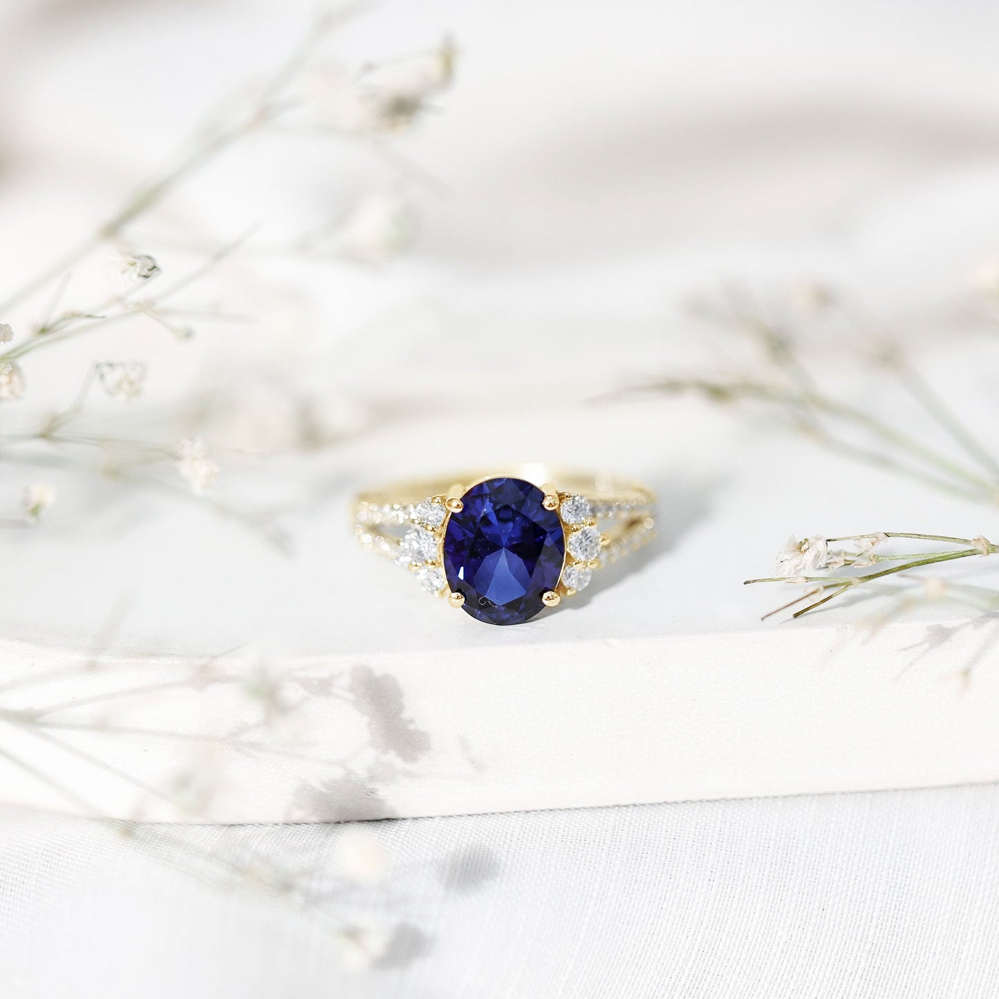 Certified 4 Carat Lab Grown Blue Sapphire Oval Engagement Ring with Diamond Split Shank